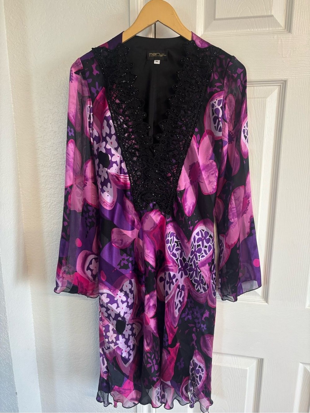 Mary L. Couture Silk Ruffle Trim Purple Floral Beaded Dress