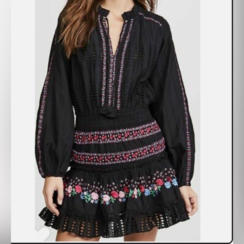 MISA Los Angeles Black Embroidered Long Sleeve Mini Dress w