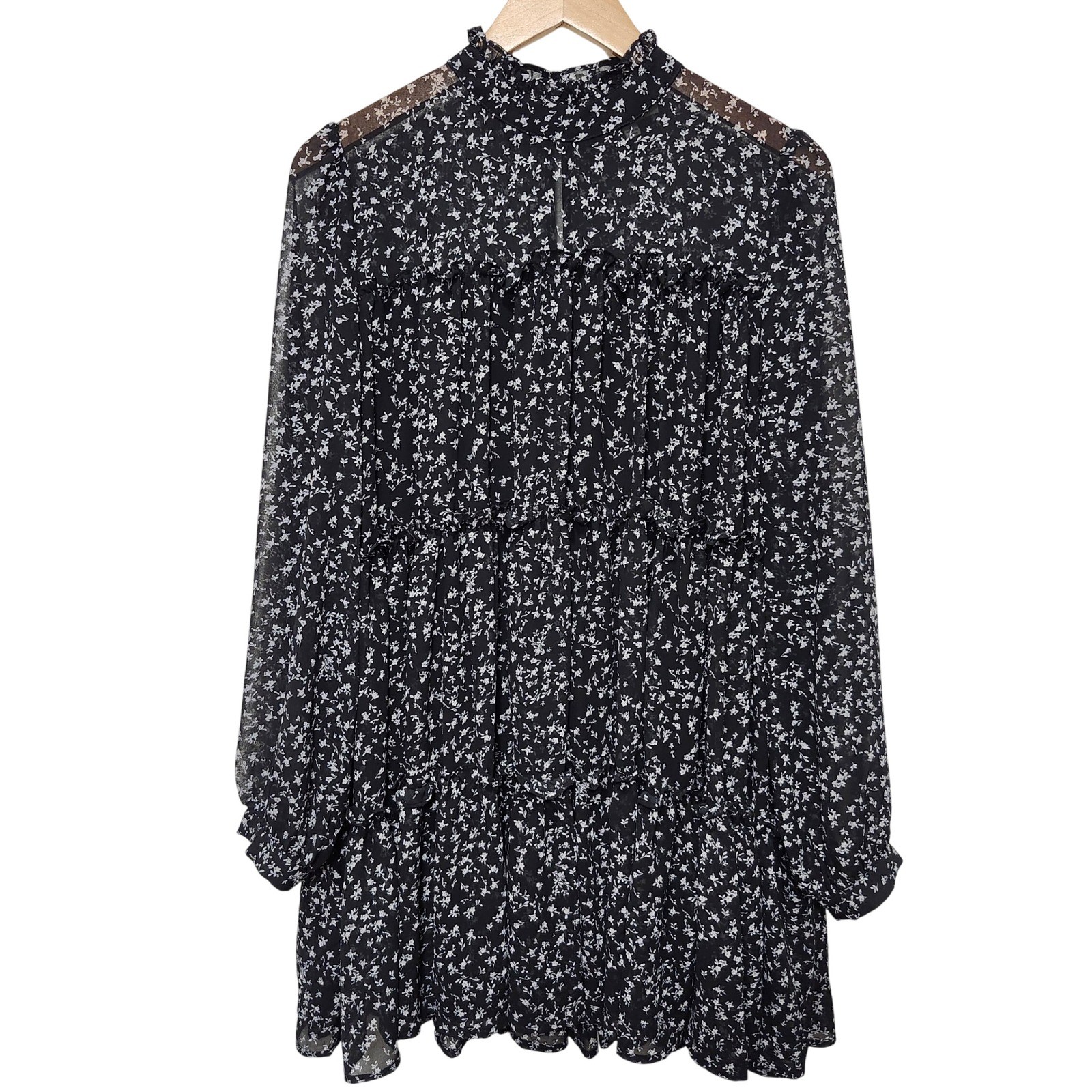 Pinch Black Tiered Floral Print Long Sleeve Ruffle Lined Dress Size Large