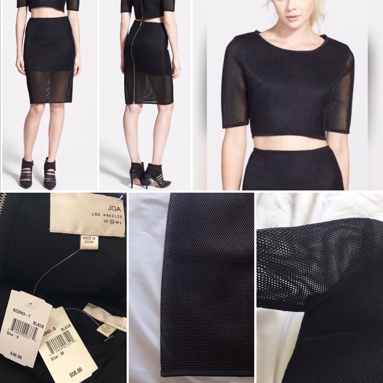 J.O.A Black Mesh Co-ord Two Piece Matching Skirt Crop Top Set Small + Medium