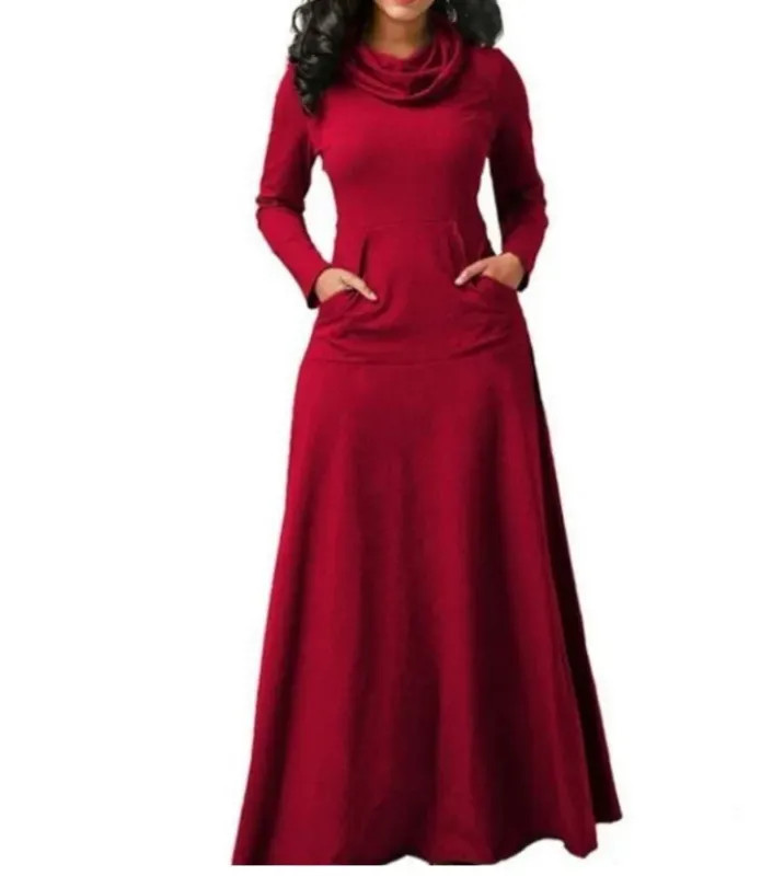 Plus Size 5XL Elegant Long Maxi Dress spring Winter Warm High Collar Women