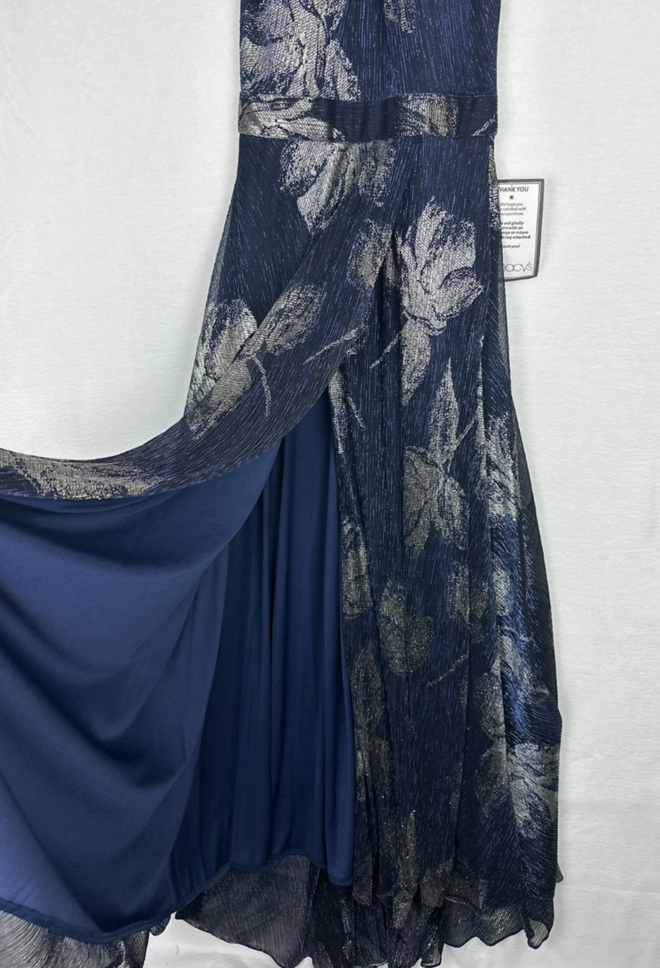 Betsy & Adam Metallic Gown Halter Floral Slit Pockets Formal Navy Silver 8 $289