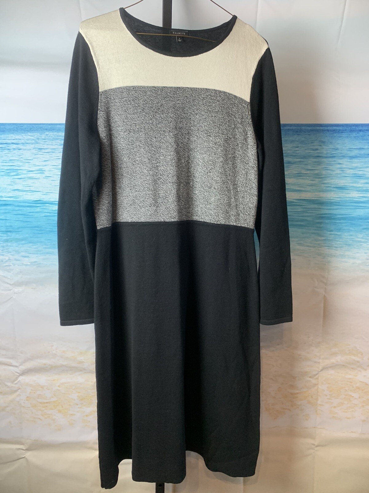 Talbots black grey ivory color block A line sweater dress Size L