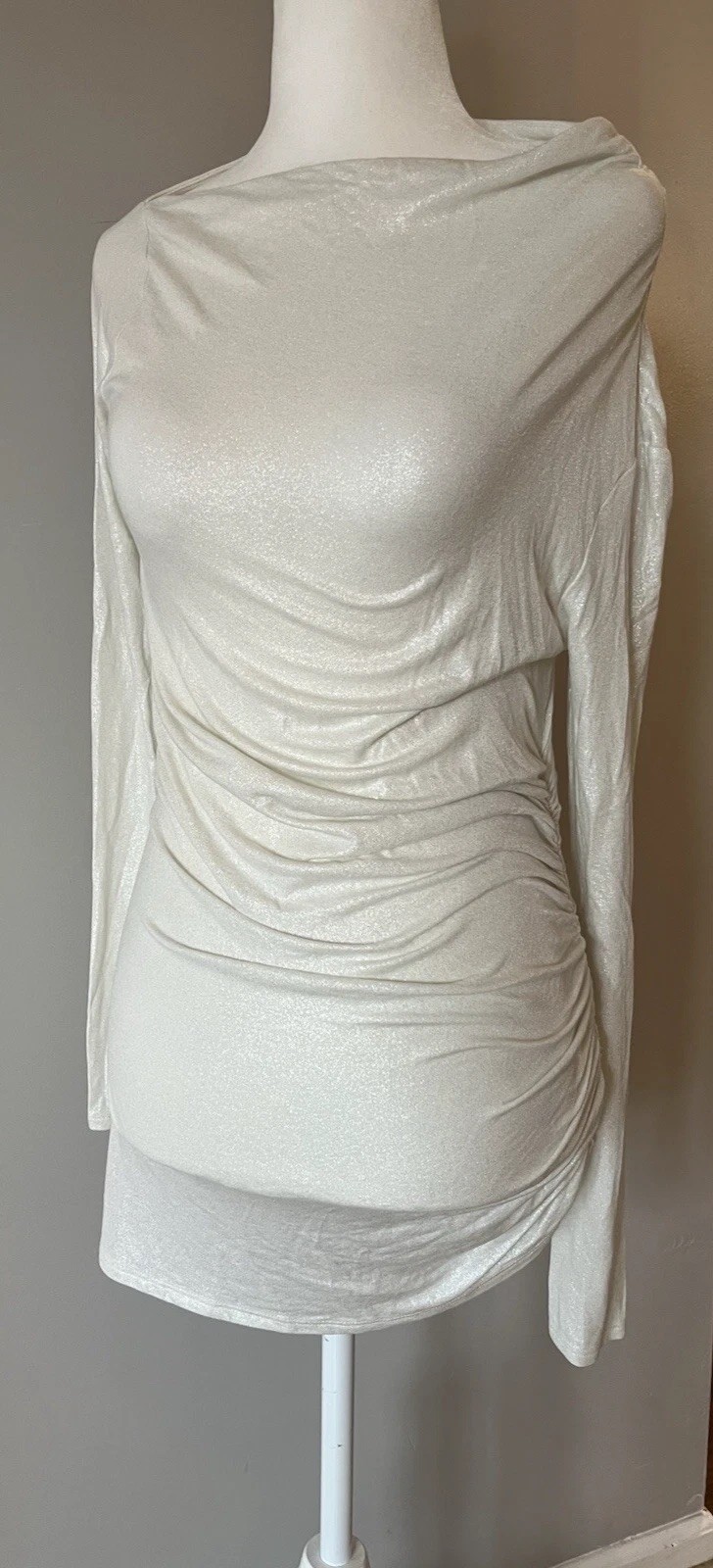 Express White Shimmer Ruched Asymmetrical Bodycon Mini Dress ~ Wms Size S ~ NWT