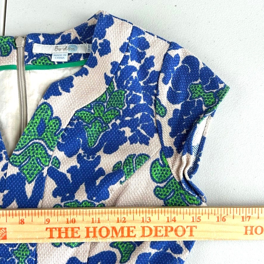 Boden Blue and Tan Tapestry Notch Neck Zip Back Sheath Dress Sz 4P 50’s Inspired