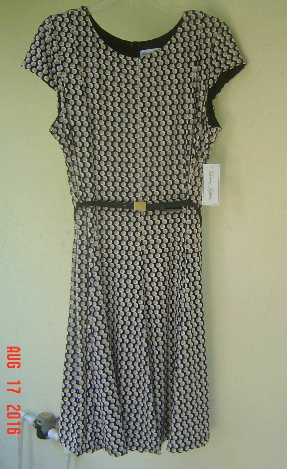 NEW LAURA JEFFRIES BLACK BROWN PRINTED BELTED CAREER MIDI DRESS SIZE 18 $89