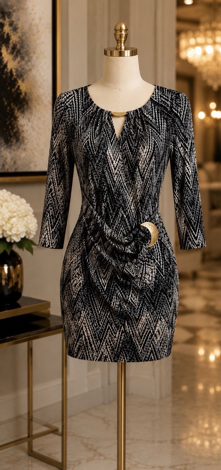 Thalia Sodi Women’s Stretch Sheath Dress M Black White Soft Gold 3/4 Sleeve NWT