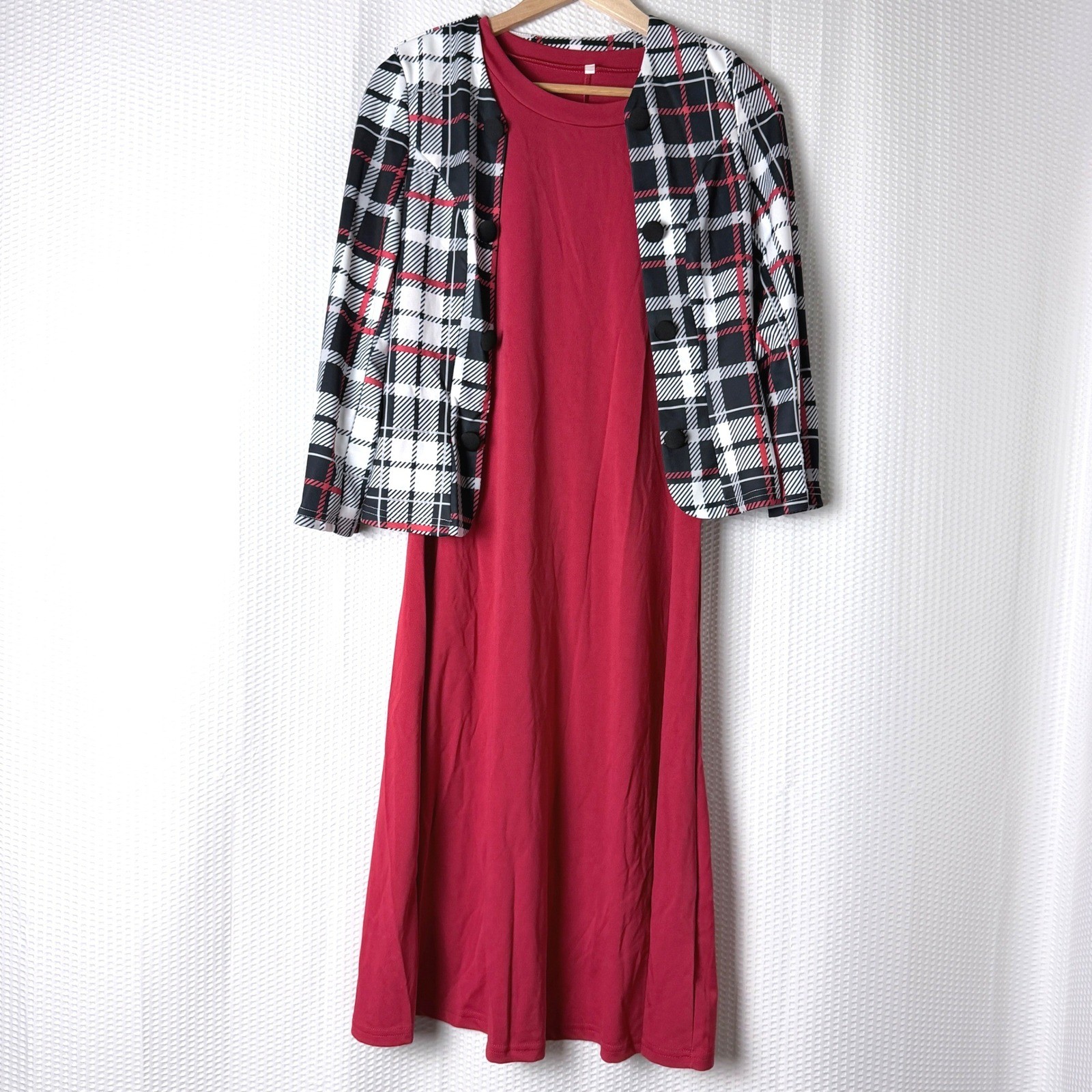 Modest Dress Jacket Set Women Large Red Plaid Workwear Belted Church Office Midi