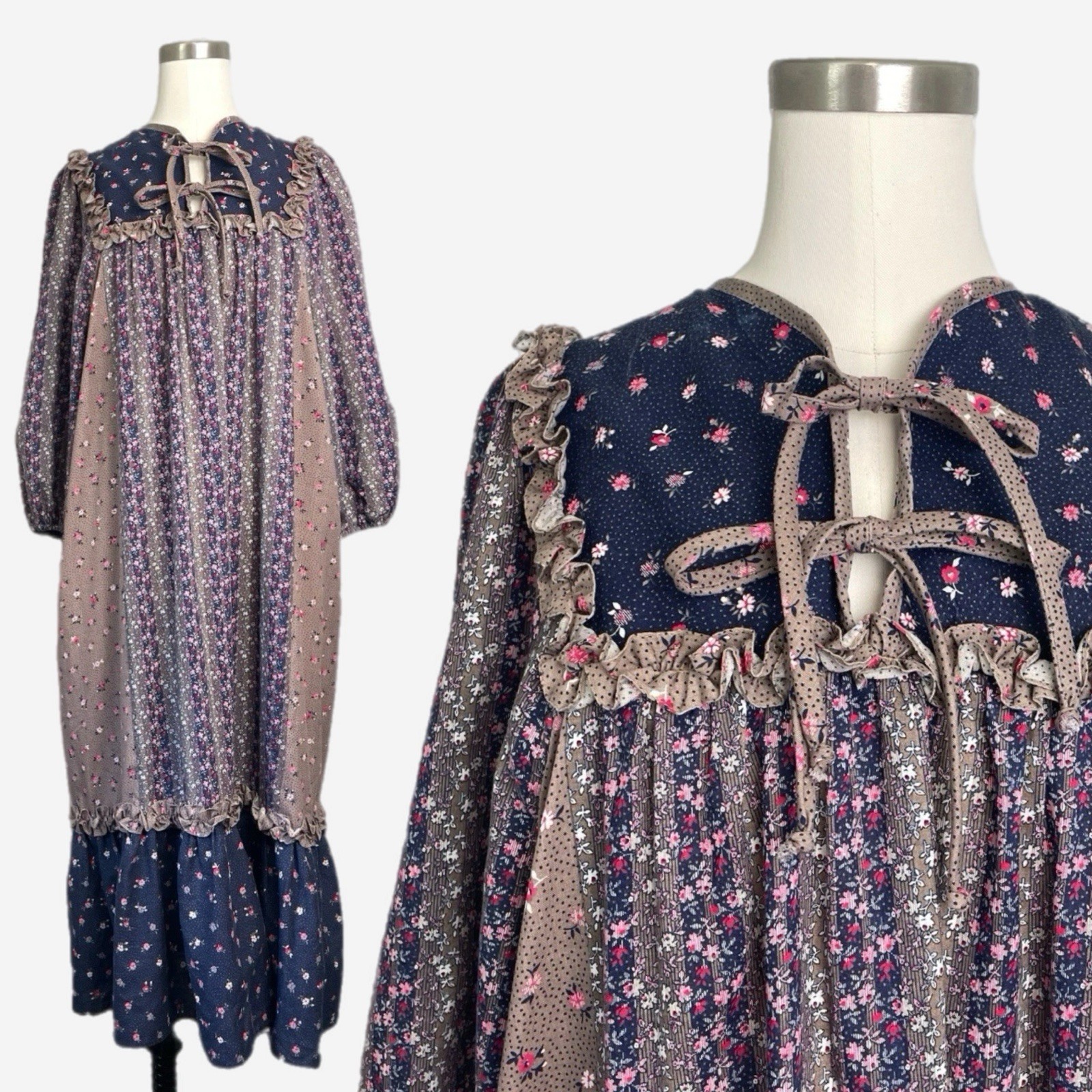 Vintage 60s/70s Two Ems Prairie Mixed Ditsy Floral Ruffle dress Cottagecore M/L