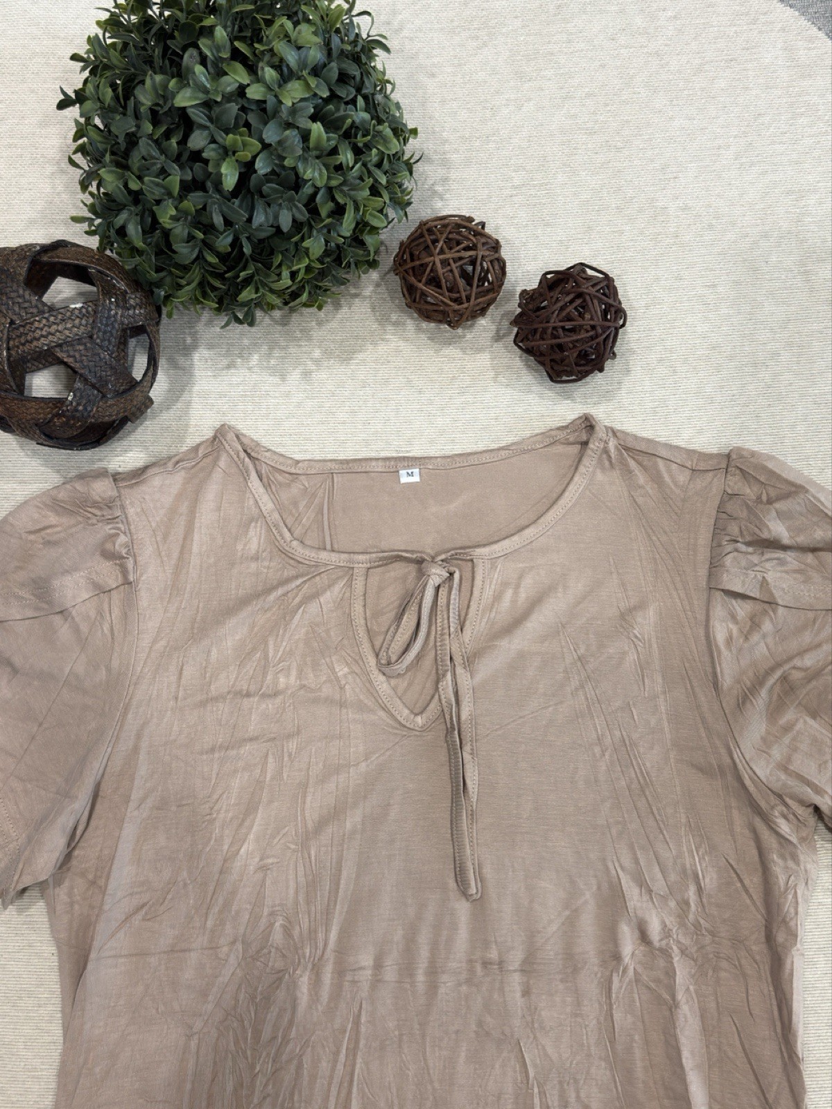 Beige Solid Shift Knee Length Dress Puff Short Sleeve Round Neck Tie S Women