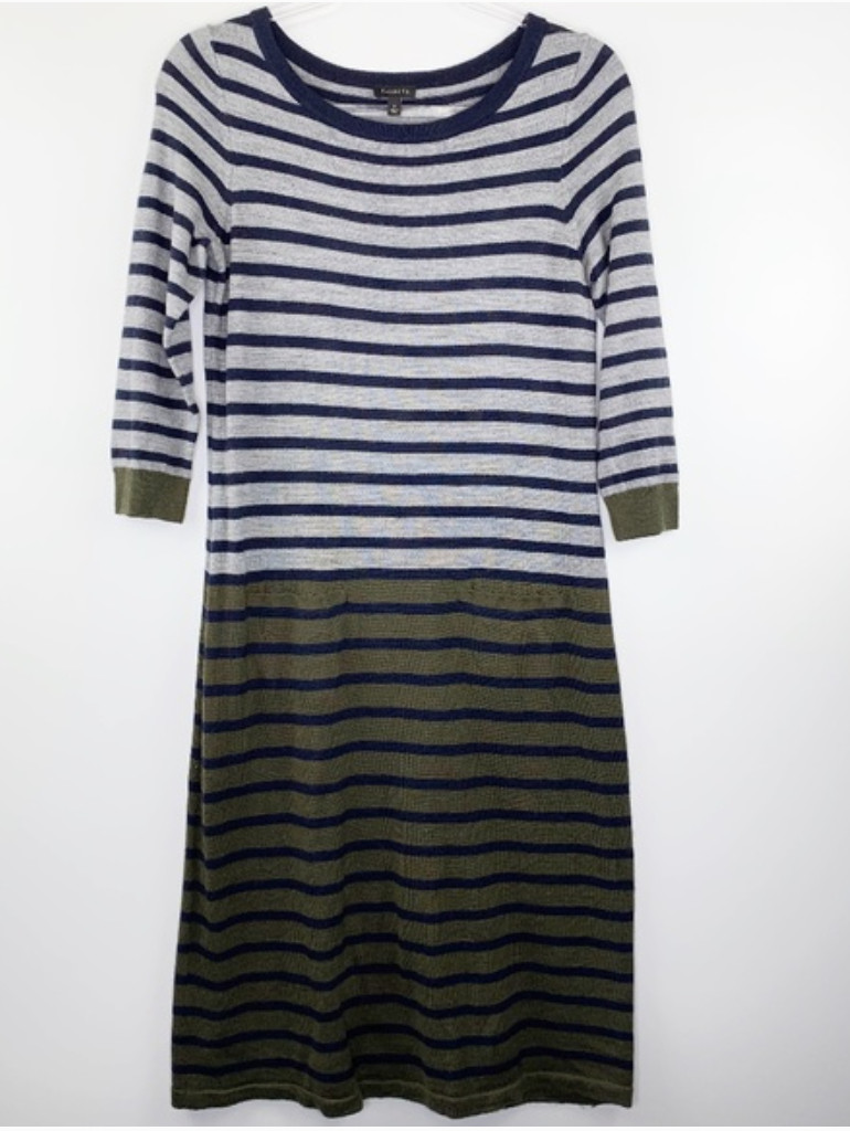 NEW Talbots Gray Navy Blue Olive Green Striped Color Block Sweater Dress XL