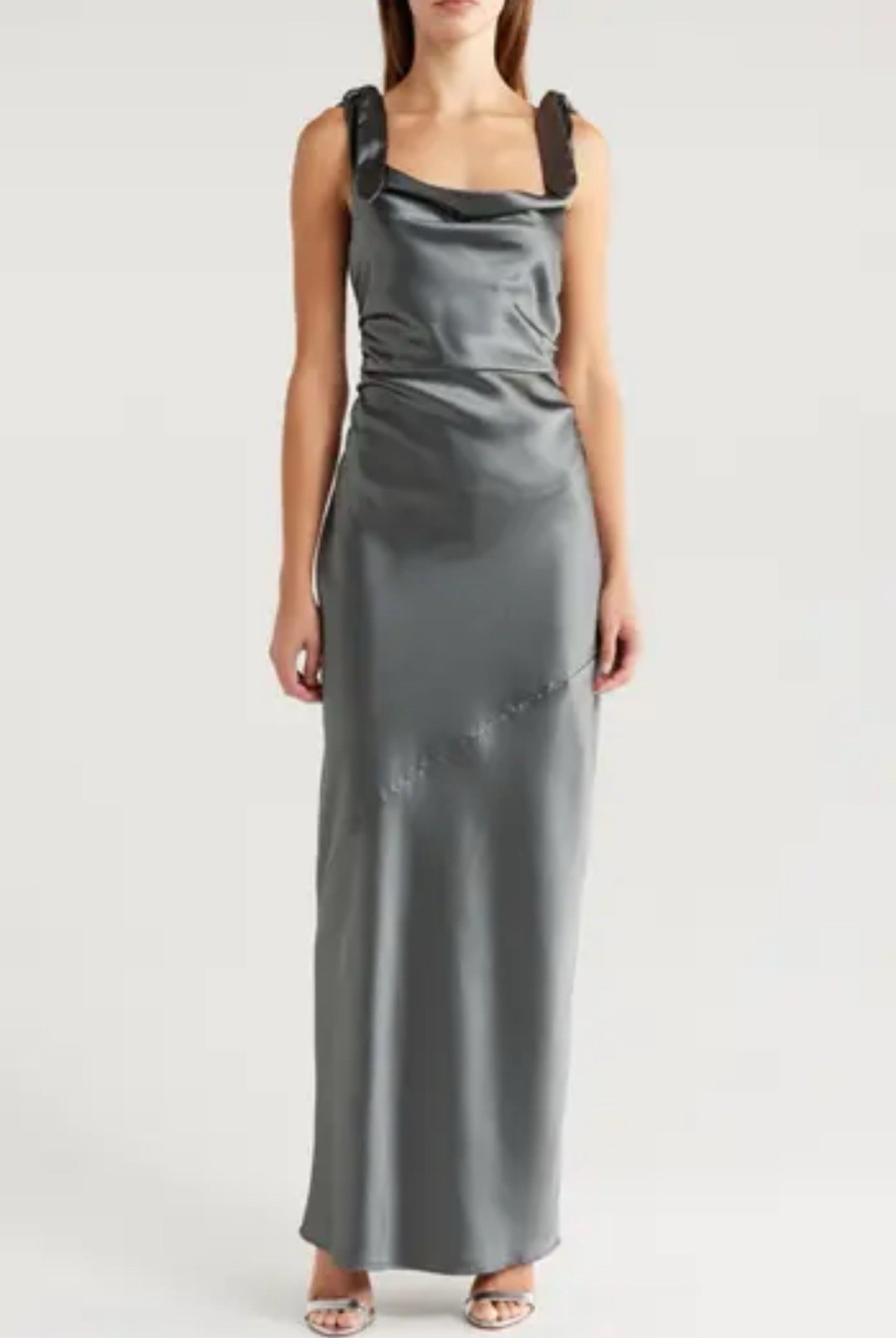 Petal & Pup Selma Gray One-Shoulder Satin Evening Gown Size L NWOT
