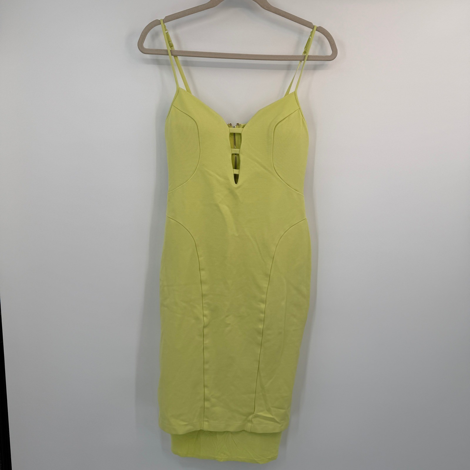 bebe Neon Green Cutout Mesh Back Bodycon Dress Medium Front Strappy Club Party