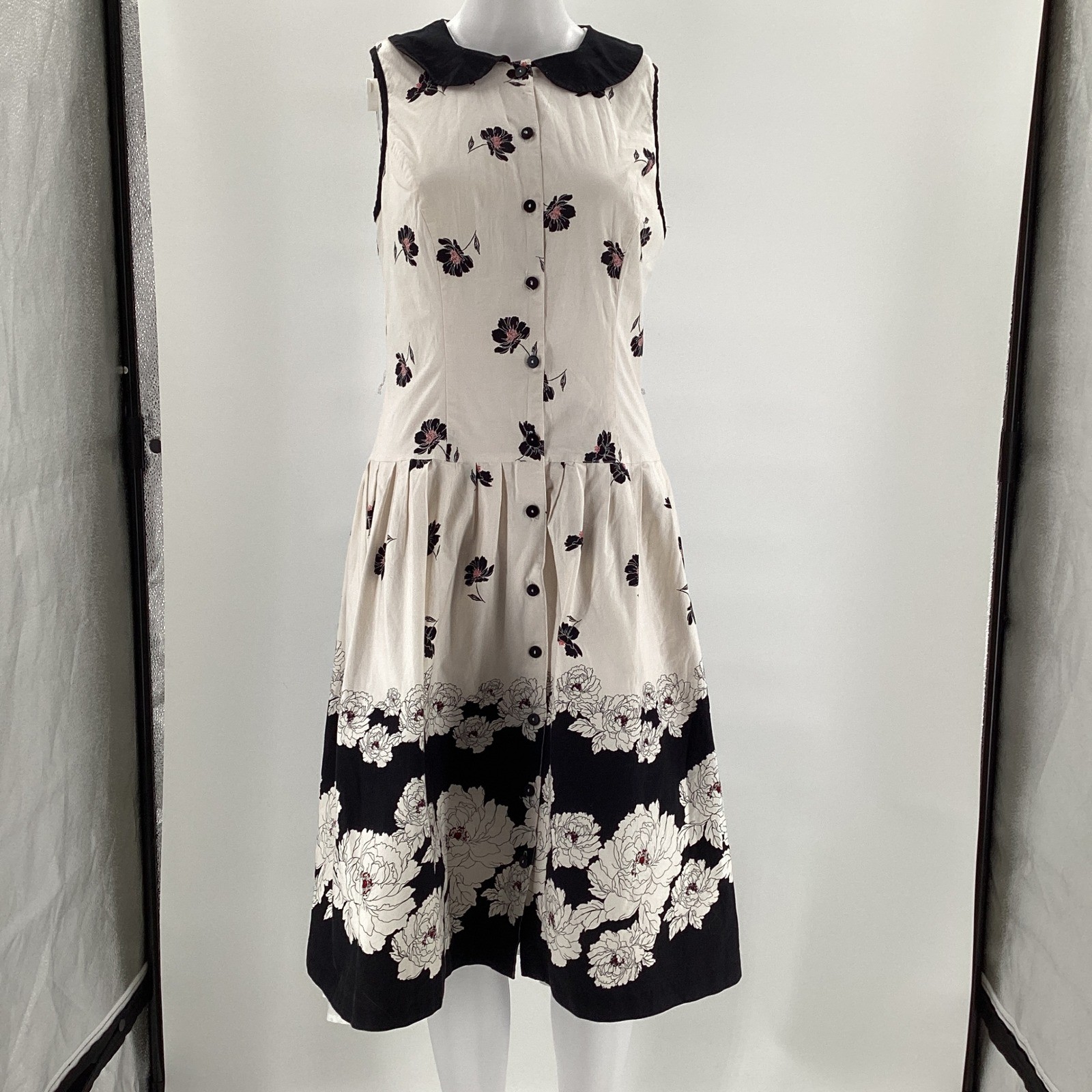Womens Floral Peter Pan Collar Button Front Midi Dress Cream Black Retro FLAW