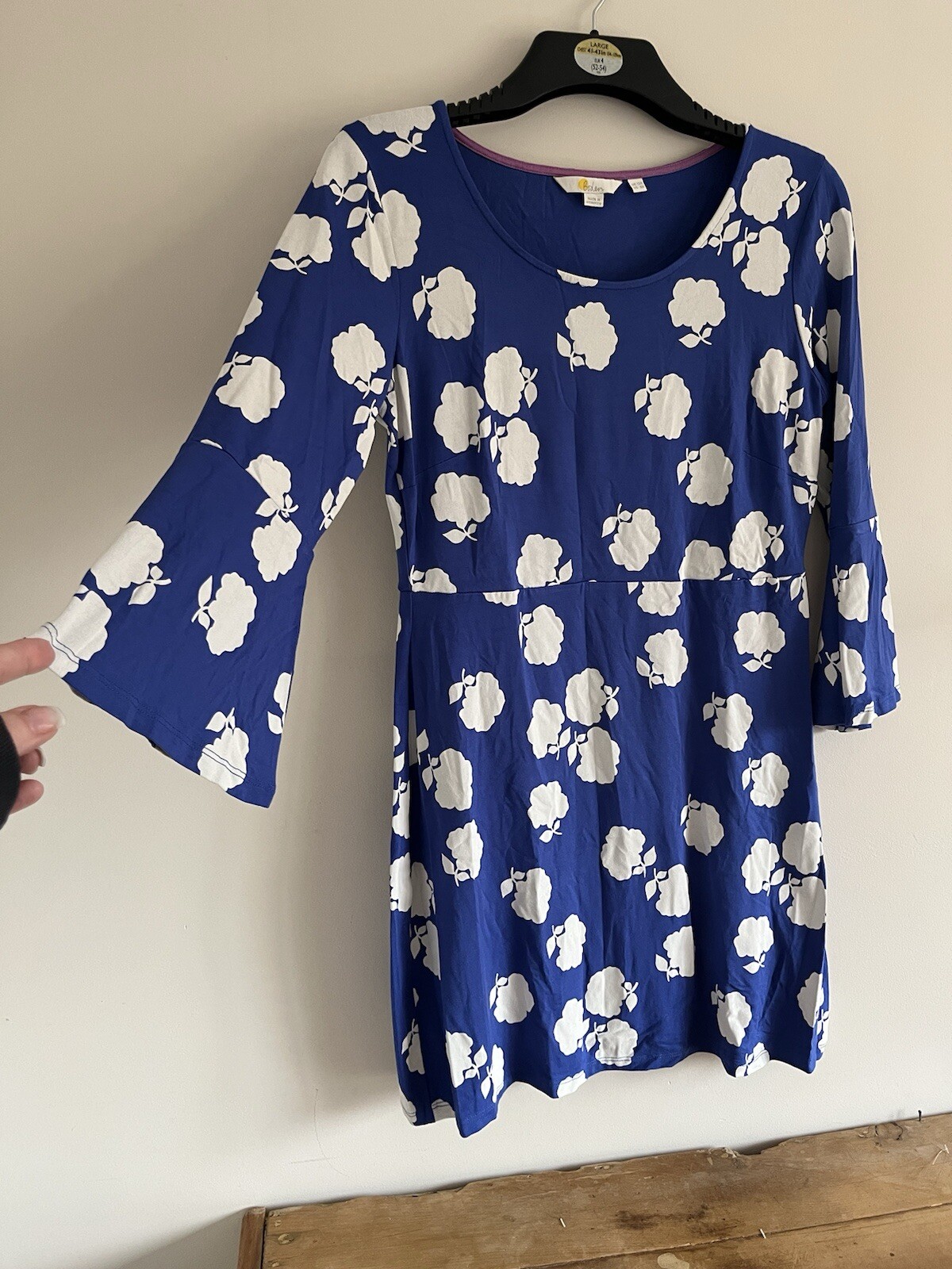 BODEN Miriam Stretch Tunic Dress Blue White Bold Floral Bell Sleeve Size 12 C1
