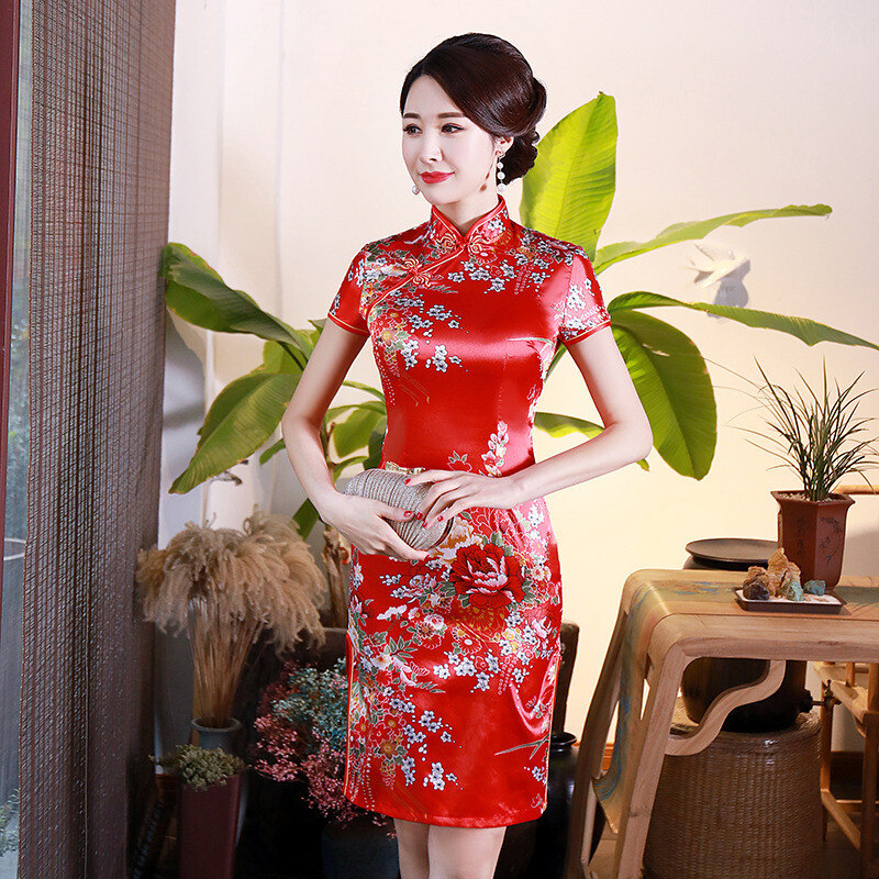 Chinese Traditional Cheongsam Women Silk Mini Dress Prom Qipao Size S-6XL