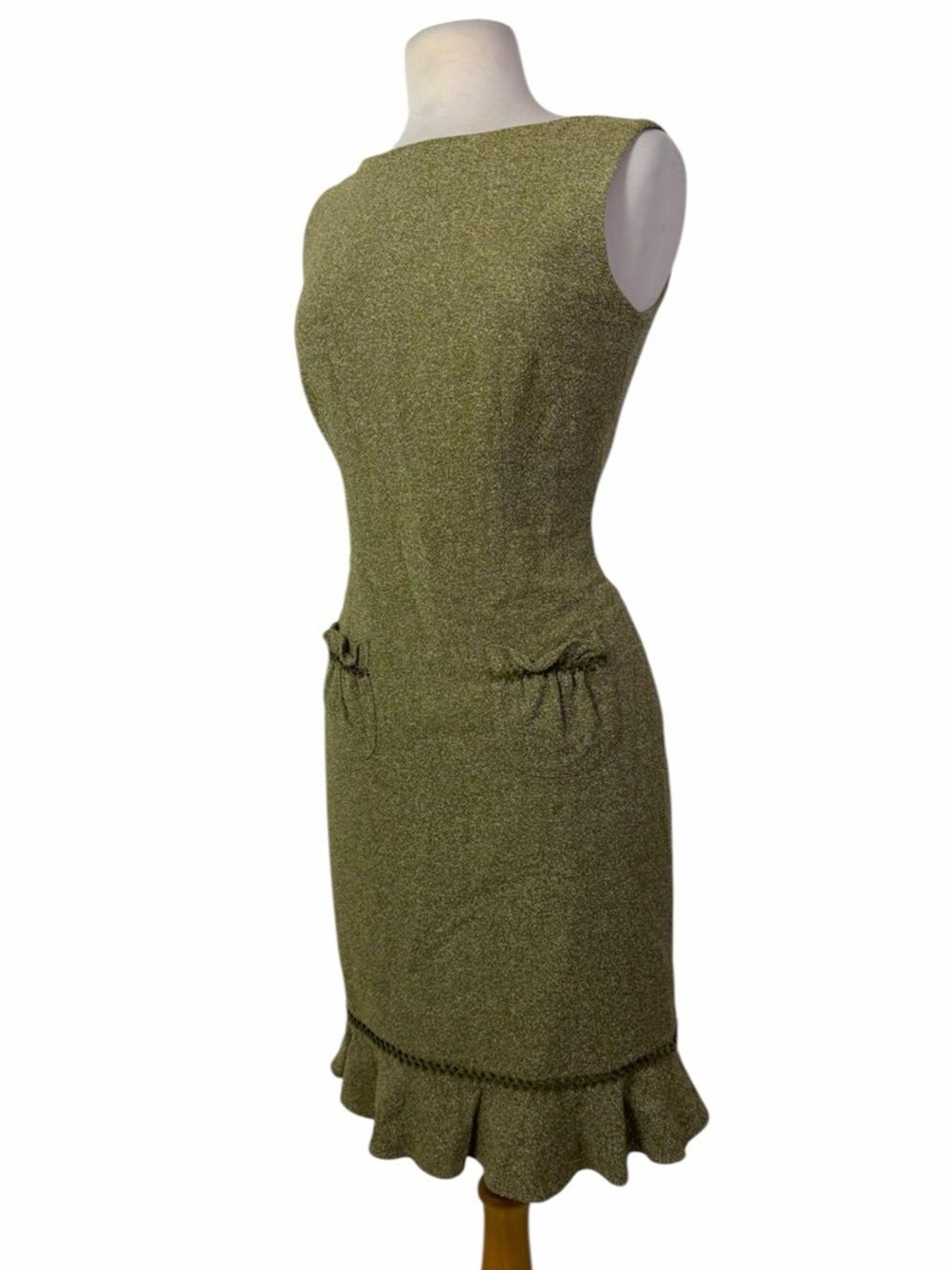 David Meister Olive Green Wool Boucle Ruffle Hem Sleeveless Sheath Dress 6