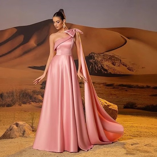 One Shoulder Maxi Dress Large Bow Cape Sleeve Formal Evening Bridesmaid Gown