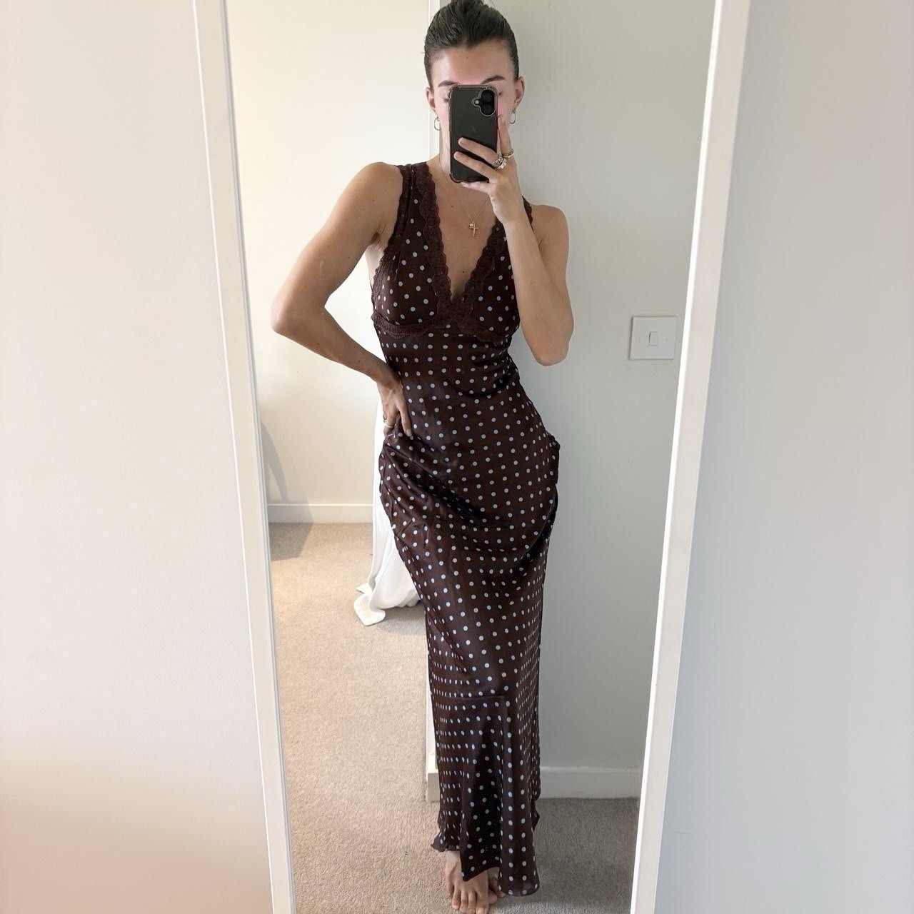 90s Style brown blue polkadot silky lace maxi slip dress deep v neckline xs