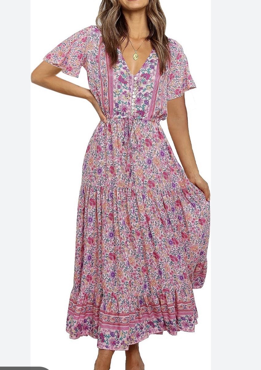 R Vivimos Tiered Floral Maxi Dress Size M Pink Tie Waist Romantic Bohemian