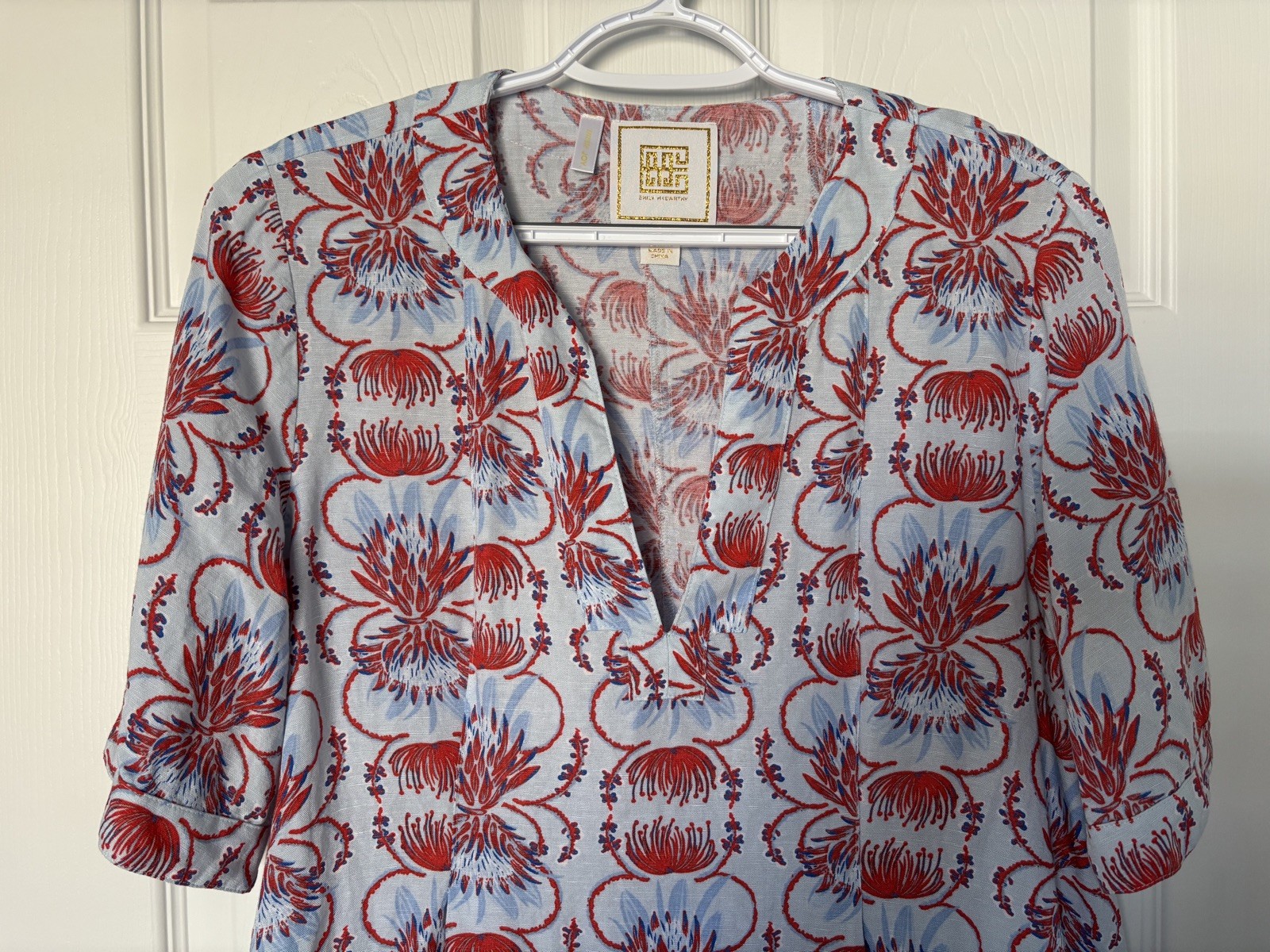 Emily McCarthy Swing Dress Size Medium Linen Blend Red Blue Floral Boutique