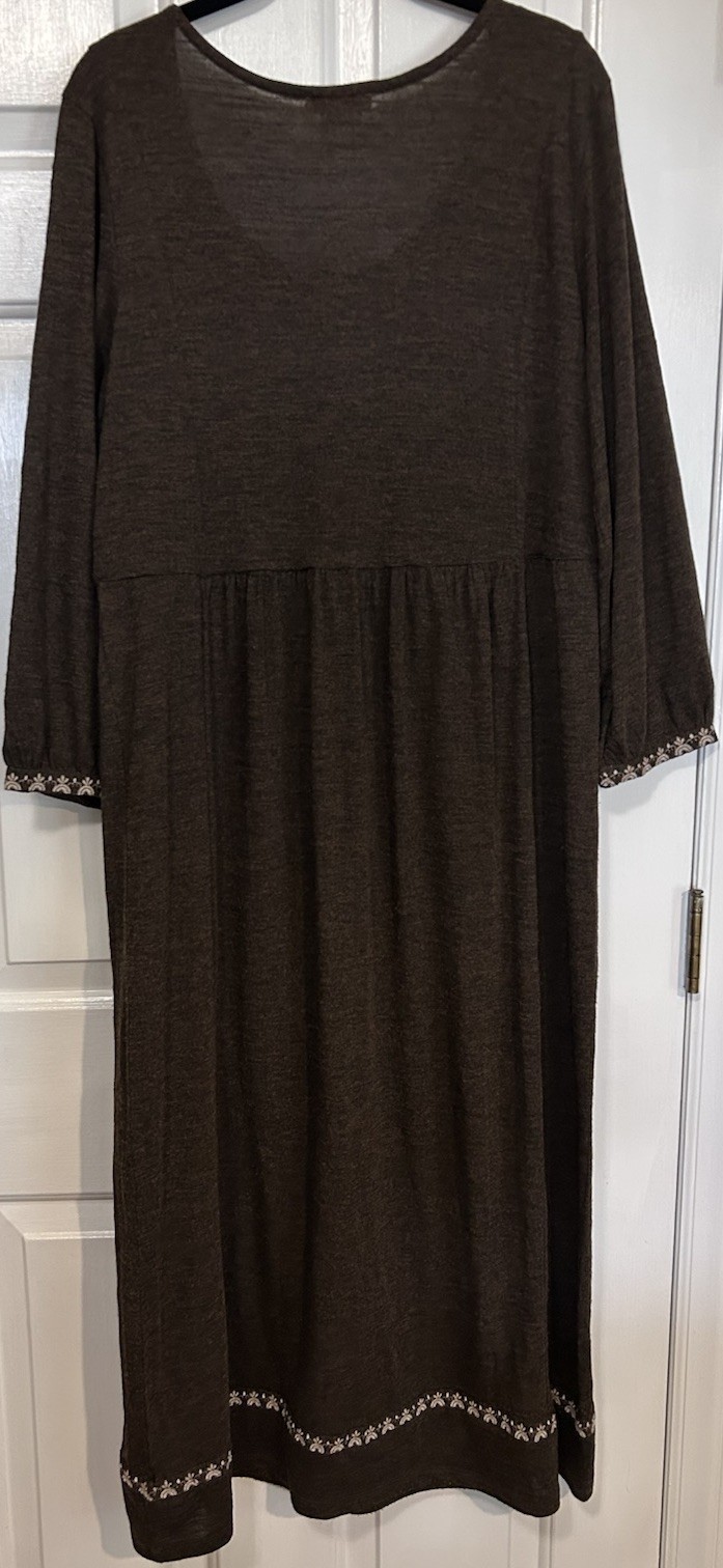 Sweet Magnolia Womens Large Embroidered Boho Dress Prairie Beaded Brown Cottage