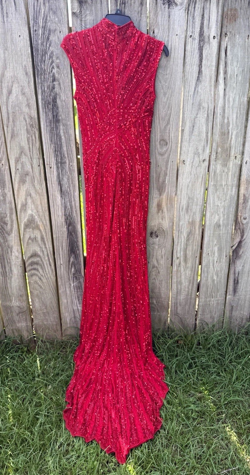 Ashley Lauren Red Sequin Beaded High Neck Sleeveless Long Formal Gown Size 6