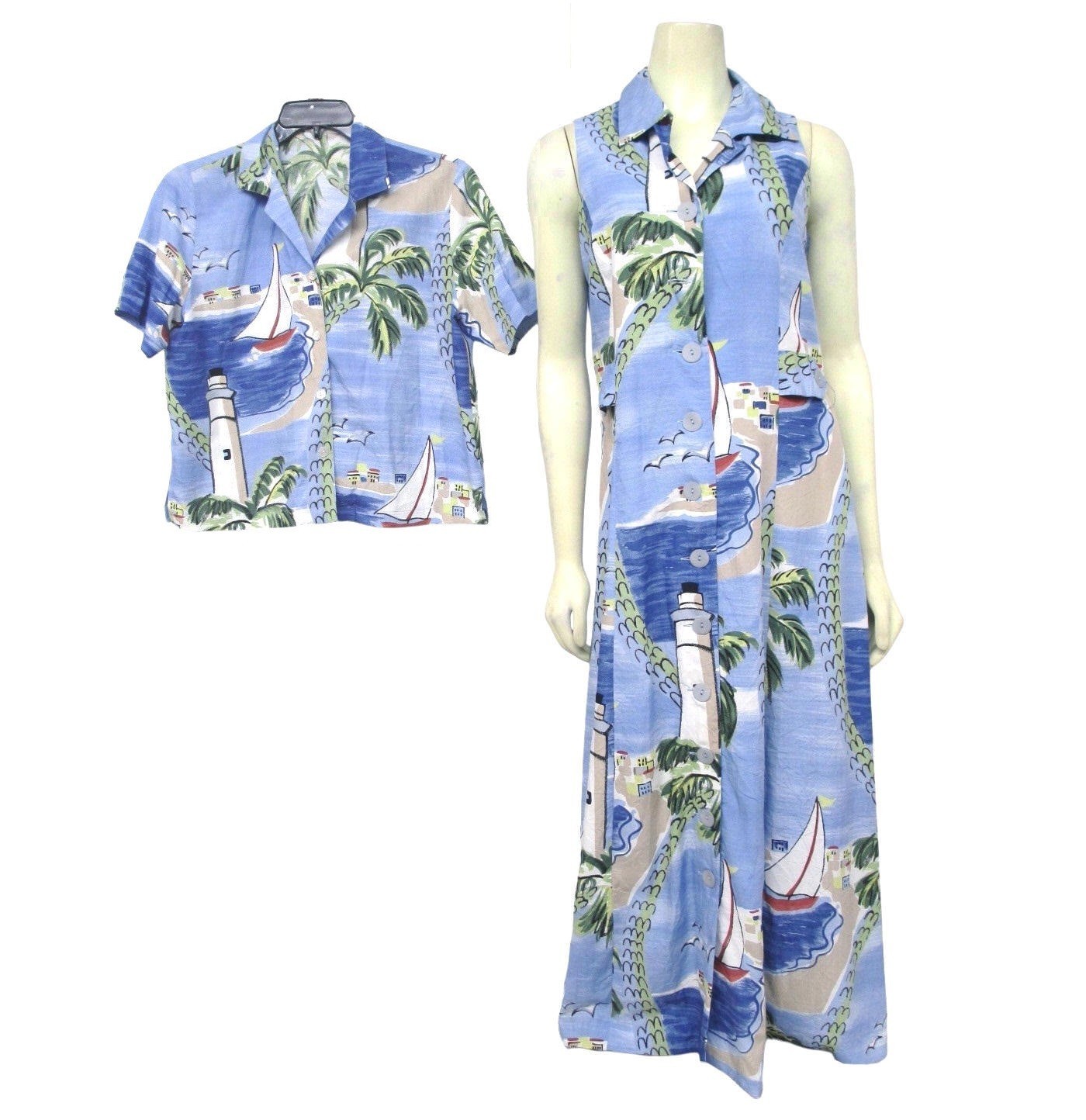 Blue Nautical long Dress Buttoned Shirt Set Large L Hawaiian Aloha CLUB MYSTIQUE