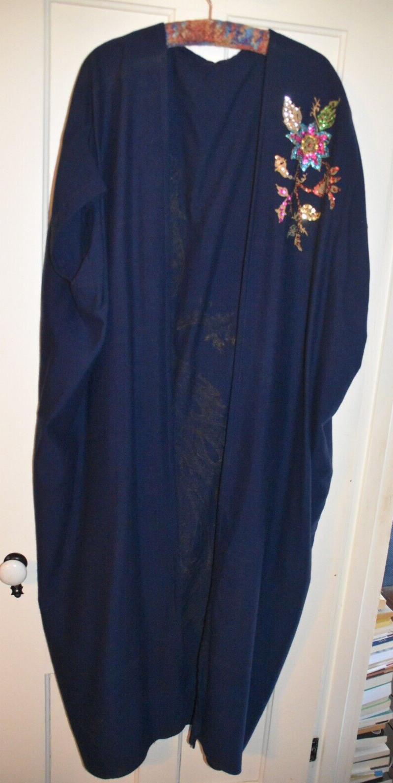 Custom Exotic Dark Blue Navy Full Length Contrast Painted, Sequined Robe Caftan