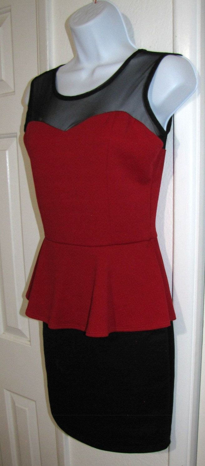 Urban Rose Made-In-USA Peplum Knee-Dress 30’s-style Sleeveless Red/Black Wm.XS