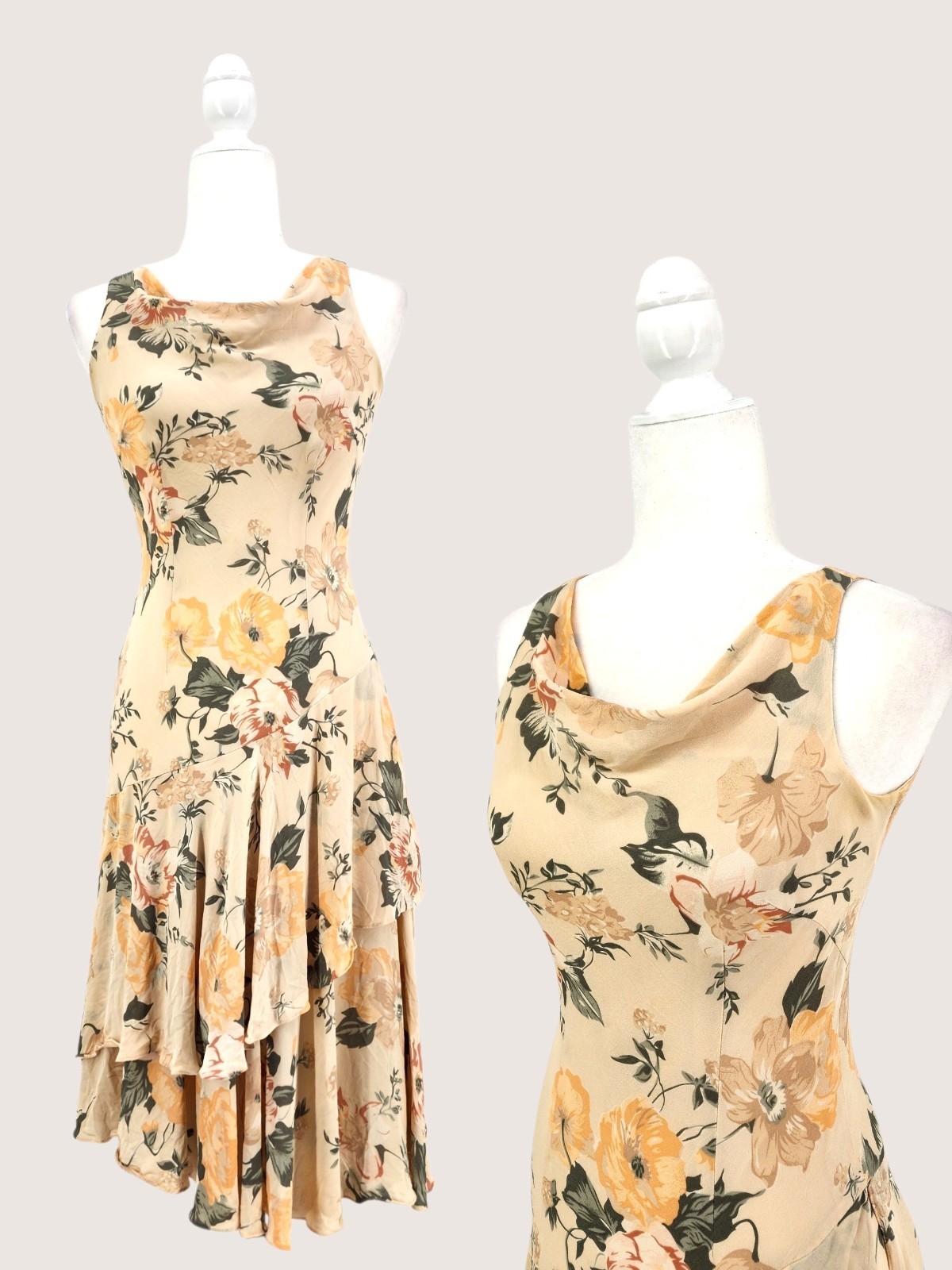 Vintage Silk Bias Cut Dress Cowl Neck Romantic Floral Tiered Asymmetric Size 2P