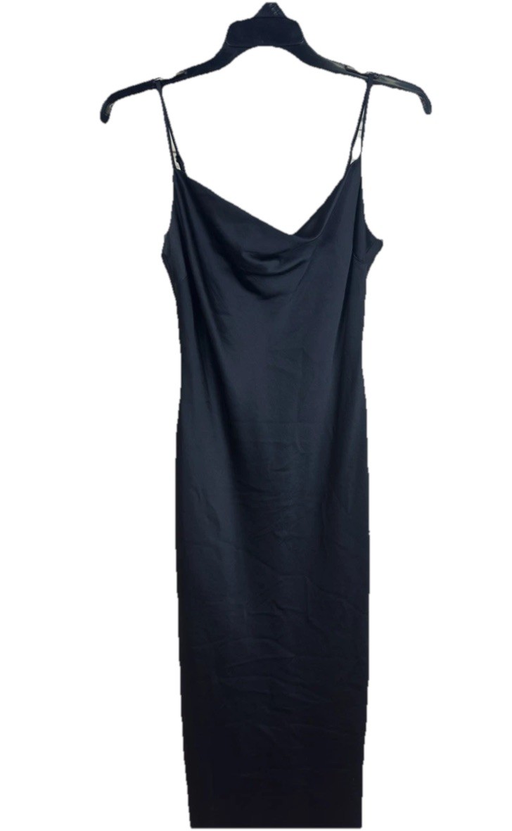 Black Slip Dress Cowl Neck Side Slits Satin Midi sz Small NWT