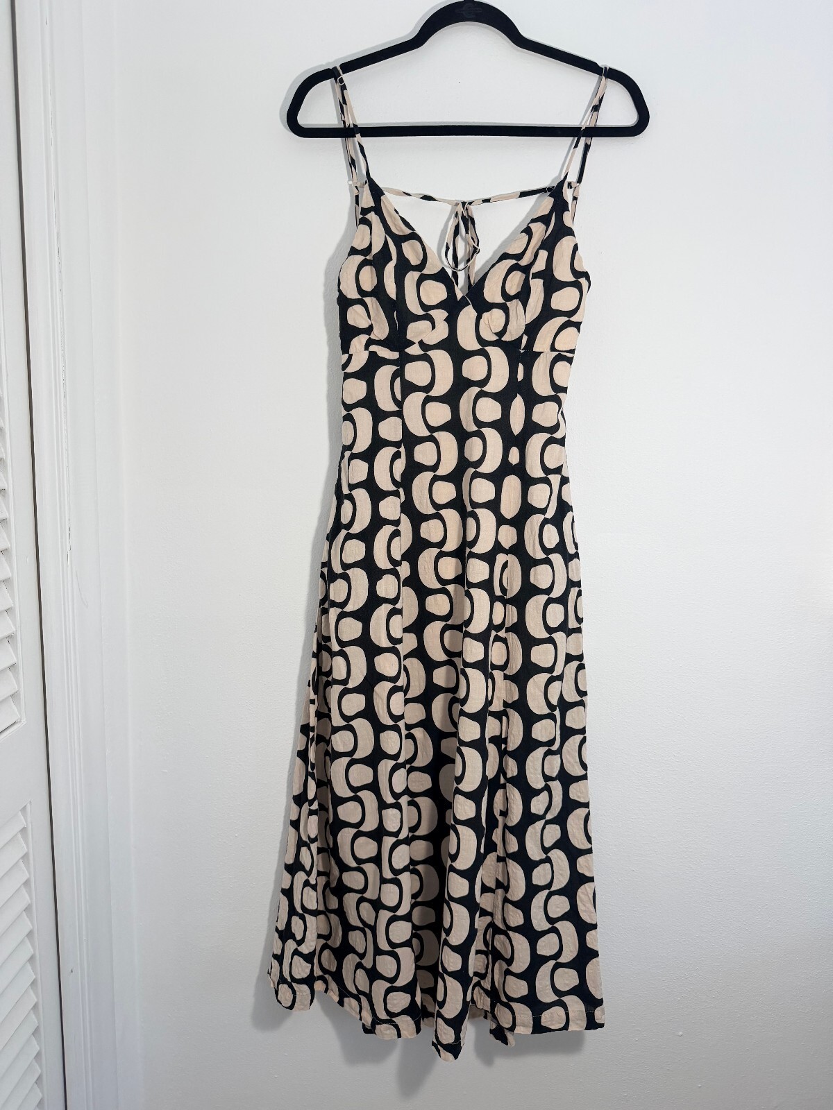 ILLA ILLA Abstract Print Midi Dress Beige Black Strappy Fit & Flare Size S
