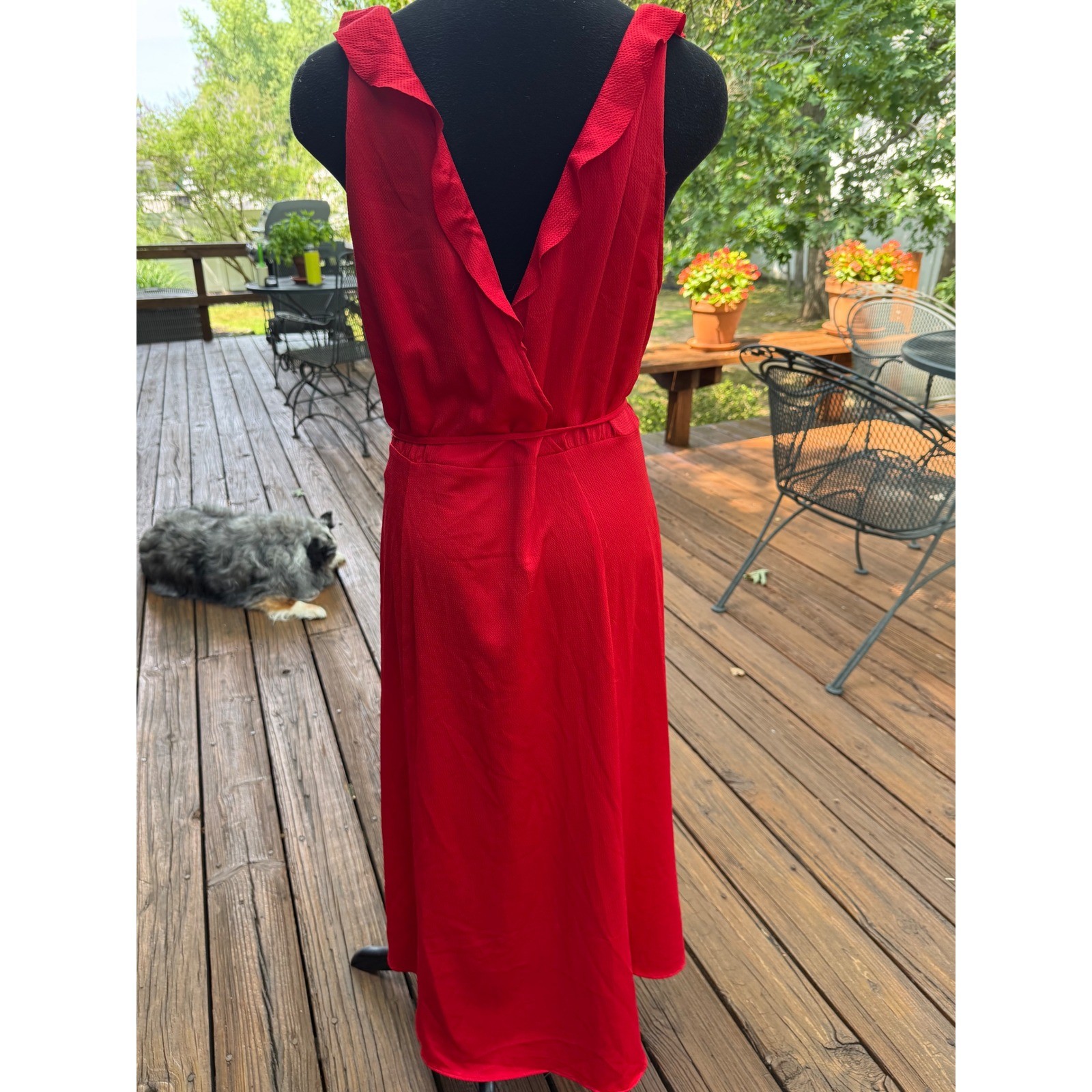 French Connection Red Ruffle V-Neck High-Low Midi Wrap Dress 71JGS Size 12 NEW