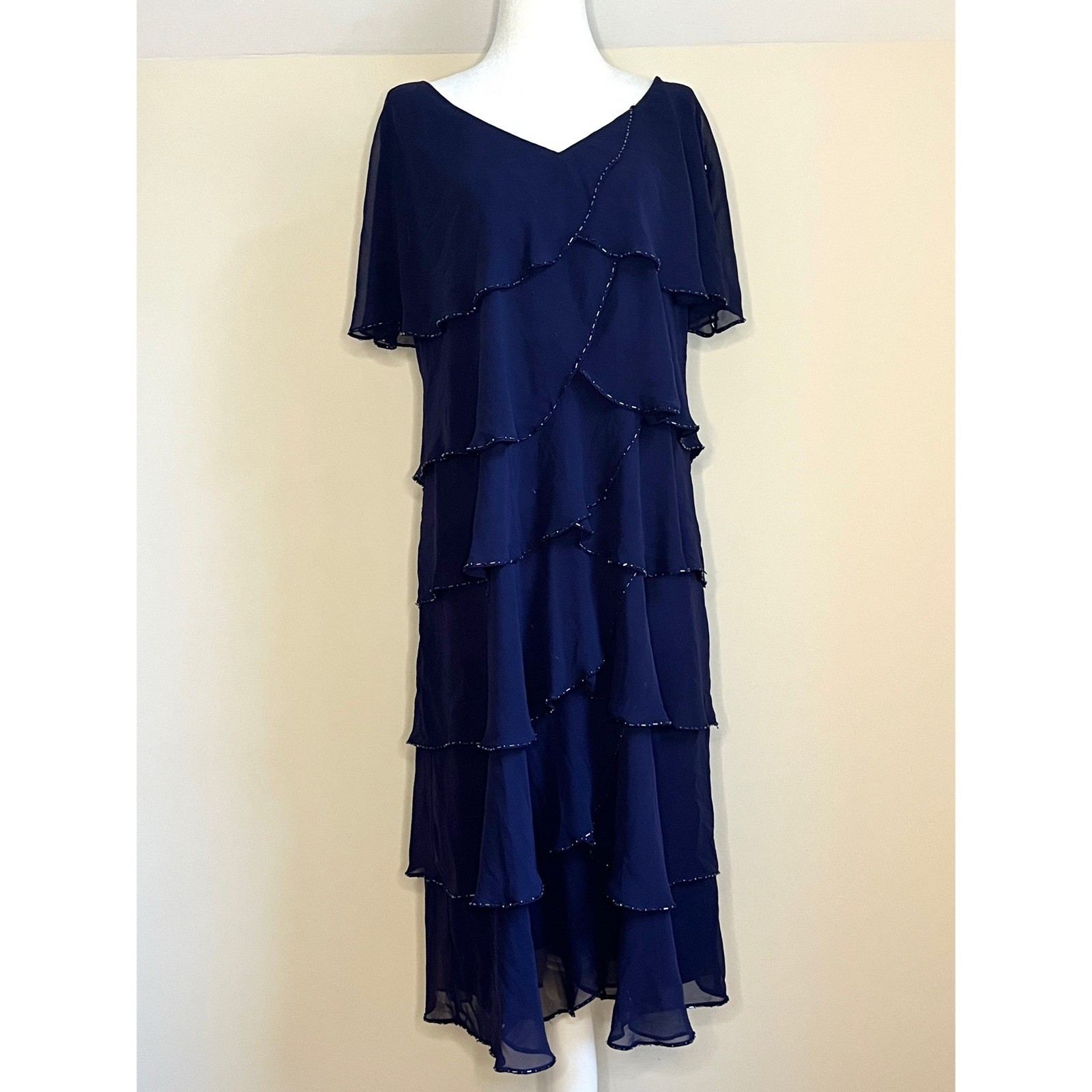 Patra Navy Beaded Chiffon Tiered Ruffle Midi Formal Cocktail Evening Dress 12