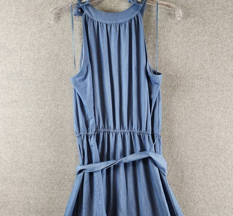 T Tahari Tiered Fit & Flare Halter Maxi Dress Womens M Denim Belted Button Strap