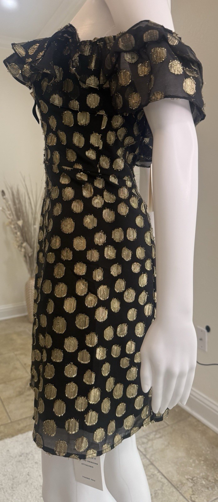 For Love & Lemons Lottie Ruffle Off the Shoulder Mini Dress in Gold Dot Size S