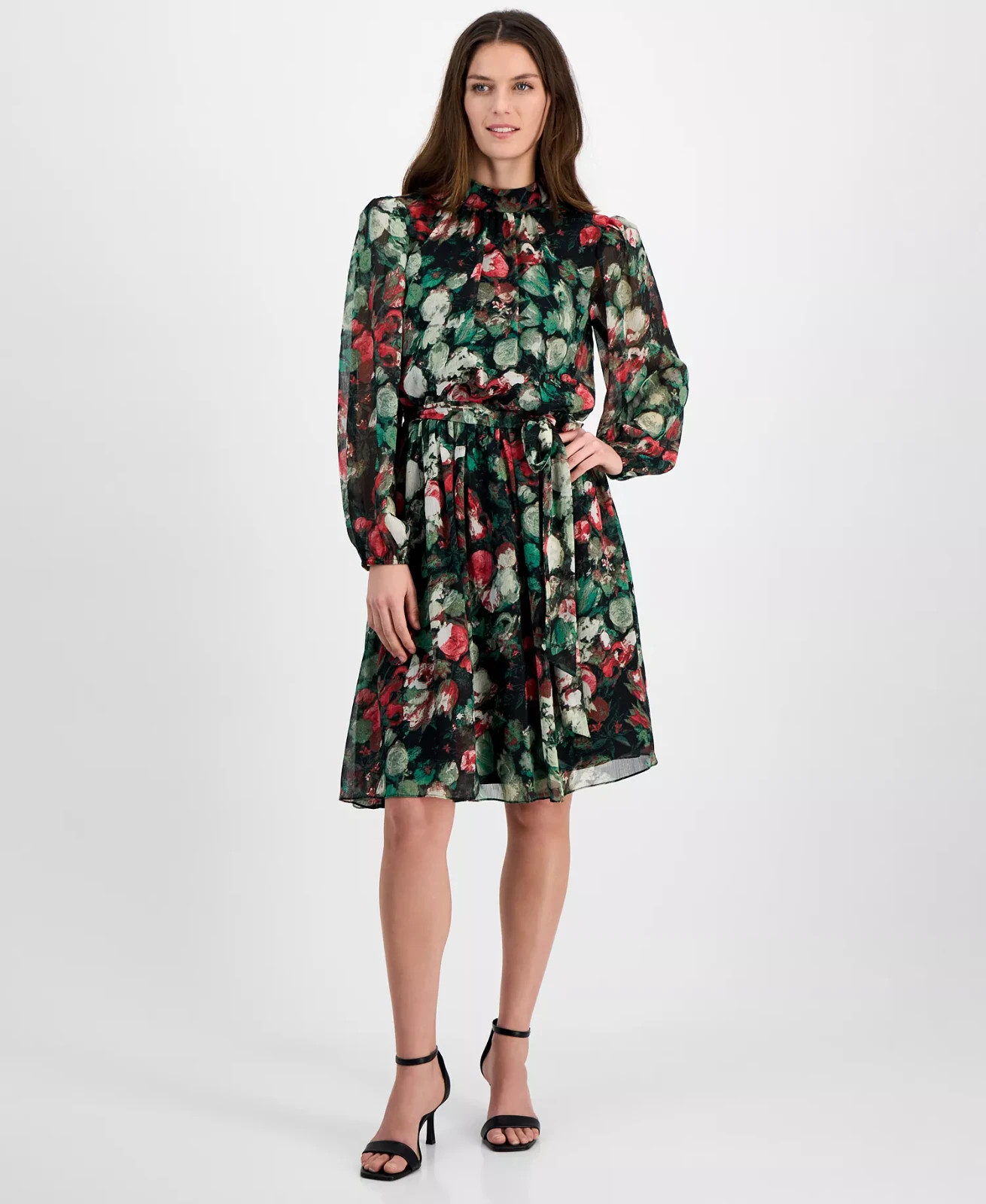Tahari ASL Printed Chiffon Tie-Waist Dress Women’s 16 Jade/Crimson Zip Closure