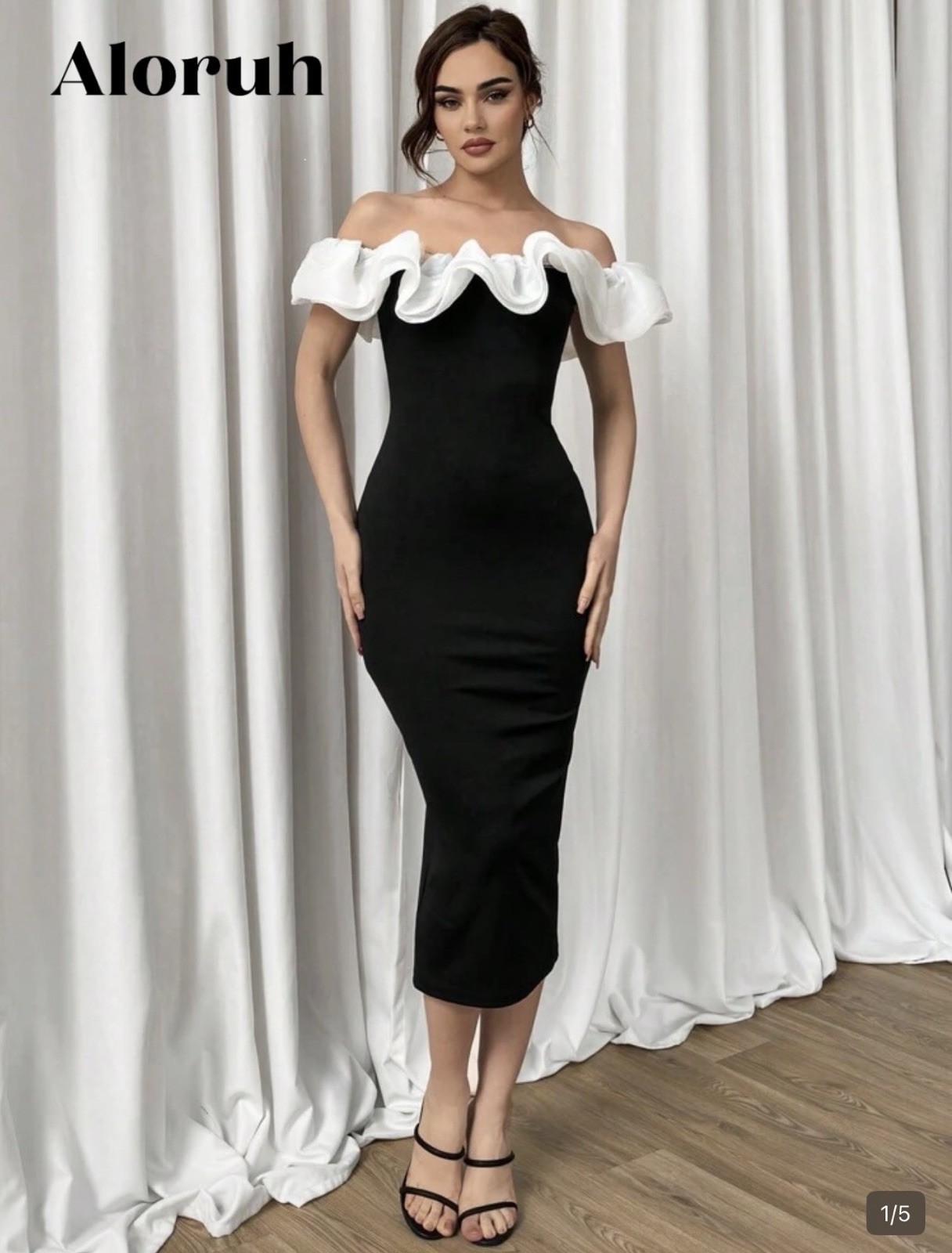 Aloruh Women’s Elegant Black And White Contrast Color Off Shoulder Ruffled Dress