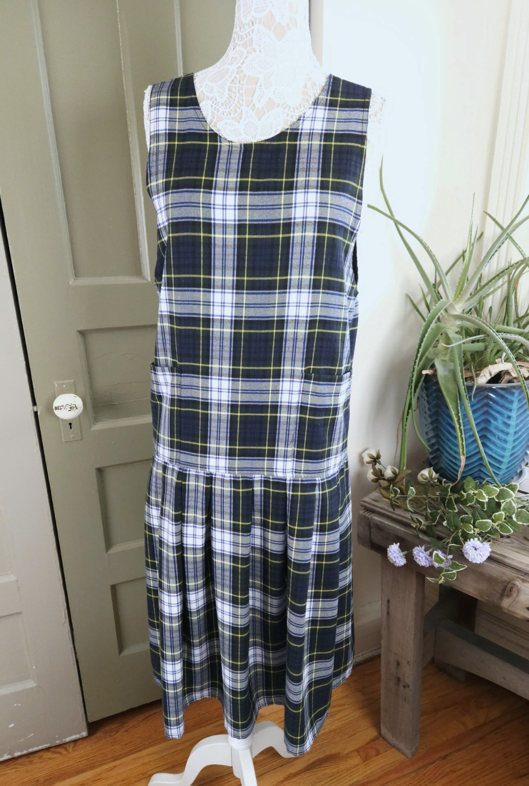 Allison Blair Green White Tartan Plaid Jumper Midi Dress Women’s Medium