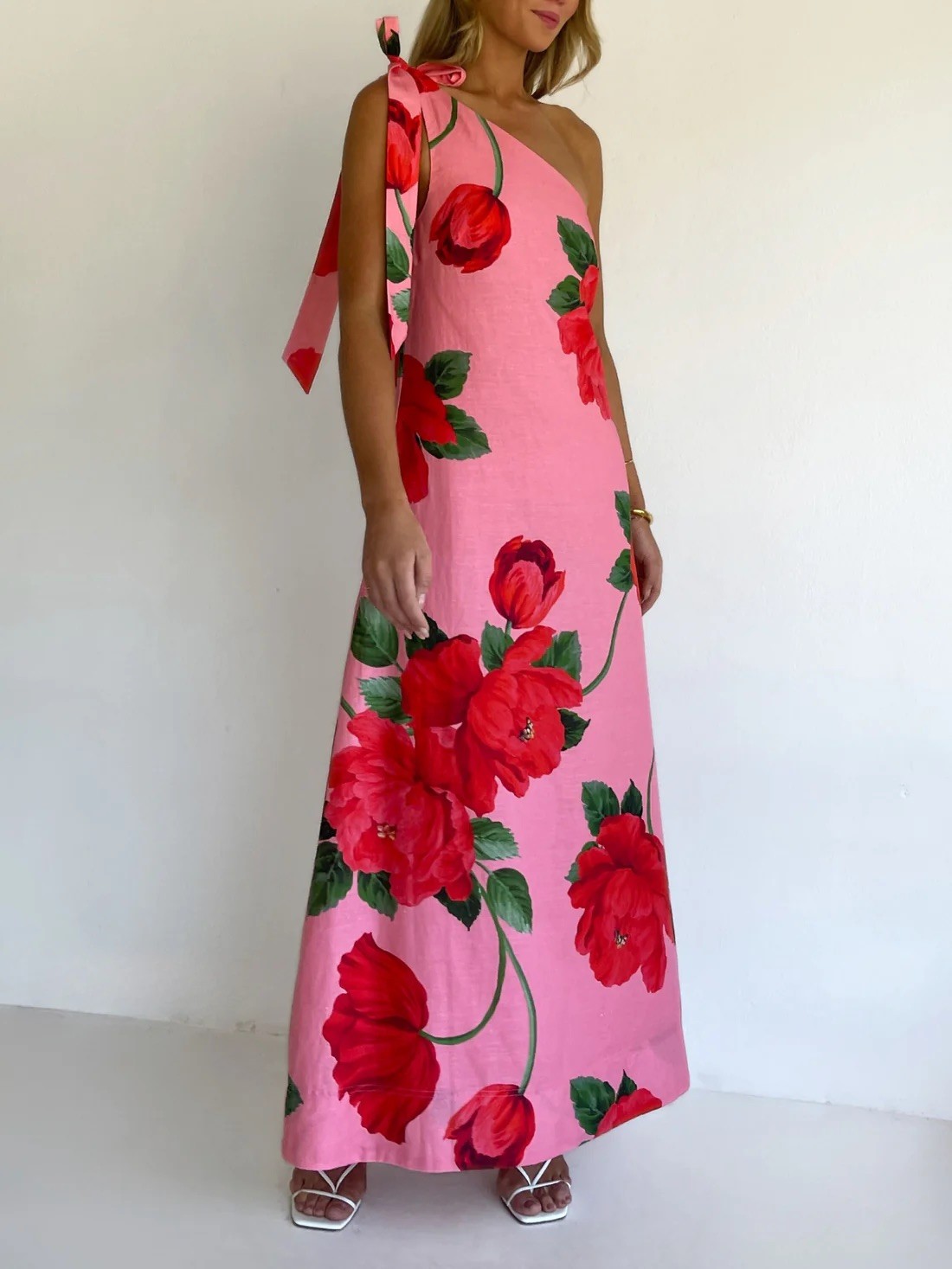 By Nicola Sorrento Maxi Dress Size AU 6/ US 2 Pink Red Florals One Shoulder