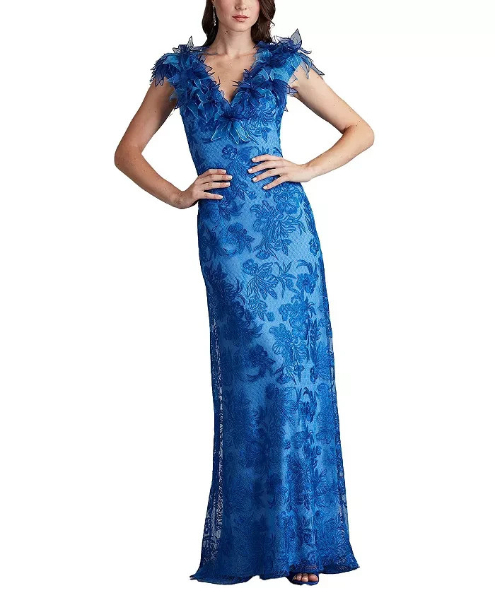 Tadashi Shoji Blue Liana A-Line Floral-Embroidered Applique Dress Size 2 $678