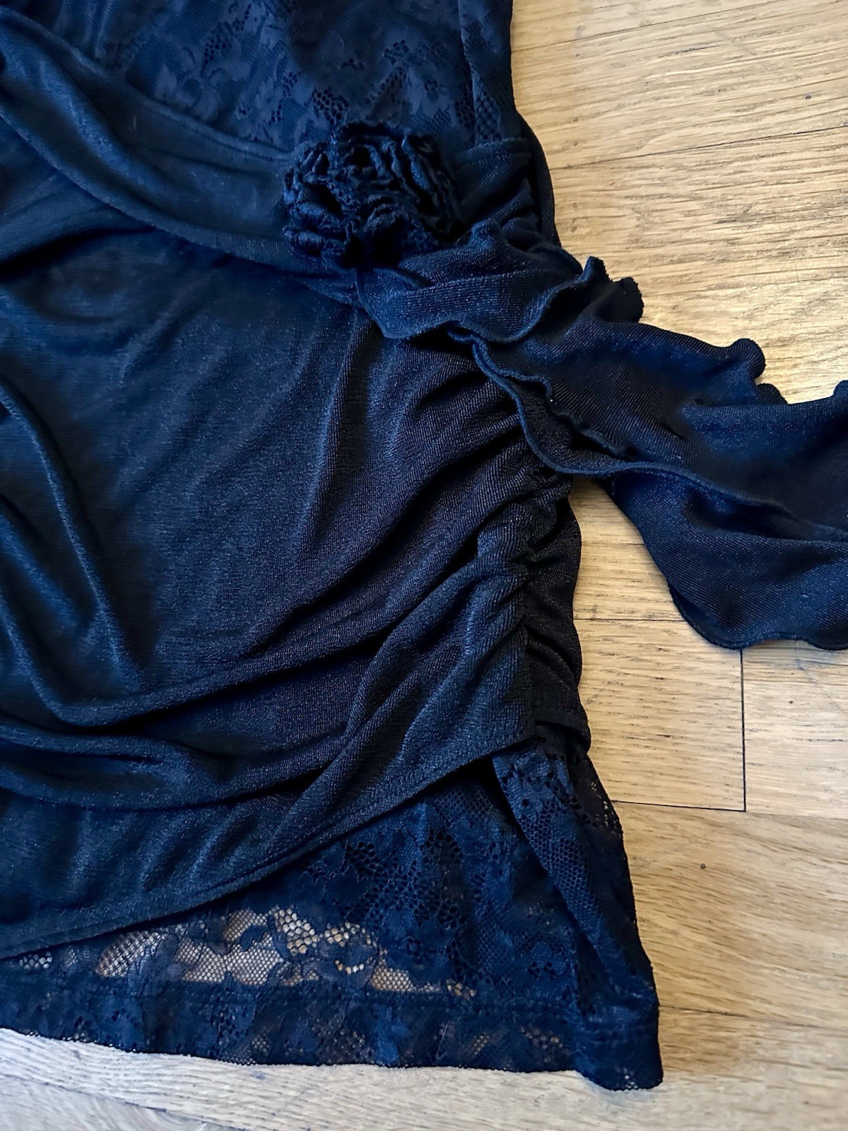 ✨SHEIN Black Lace Ruched Mini Dress Women L Bodycon Party Cocktail Dress✨