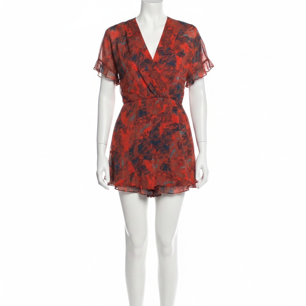 Iro Kizz Chiffon Surplice Neckline Ruffle Mini Dress Womens US 4 FR 36 Red Blue