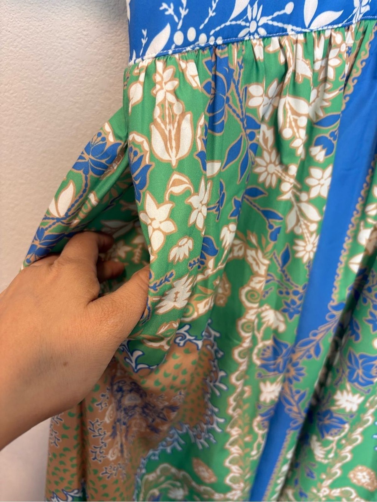NEW Current Air Green and Blue Patchwork Floral Midi Dress Puff Sleeve Small