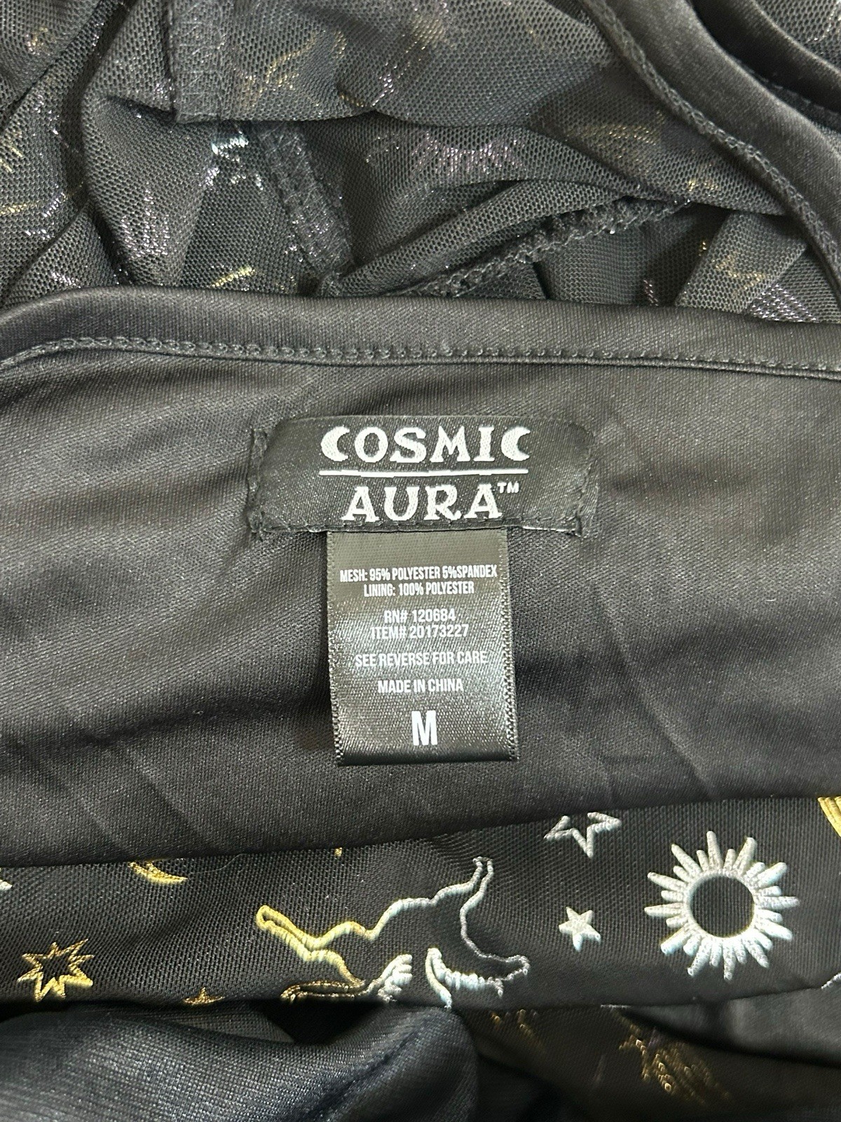 Cosmic Aura Astrology Celestial Stars Moon Foil Mesh Maxi Dress Sz M Black Gold