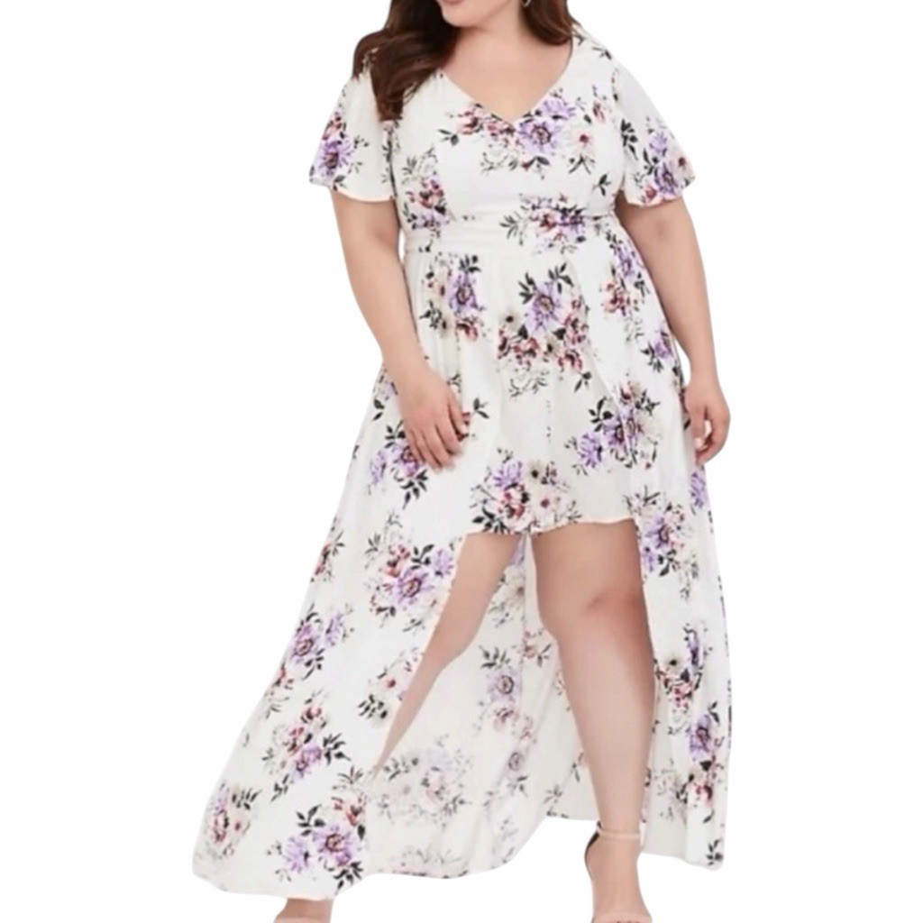 Torrid White Floral Romper 18 Plus V-Neck Flutter Sleeve Keyhole