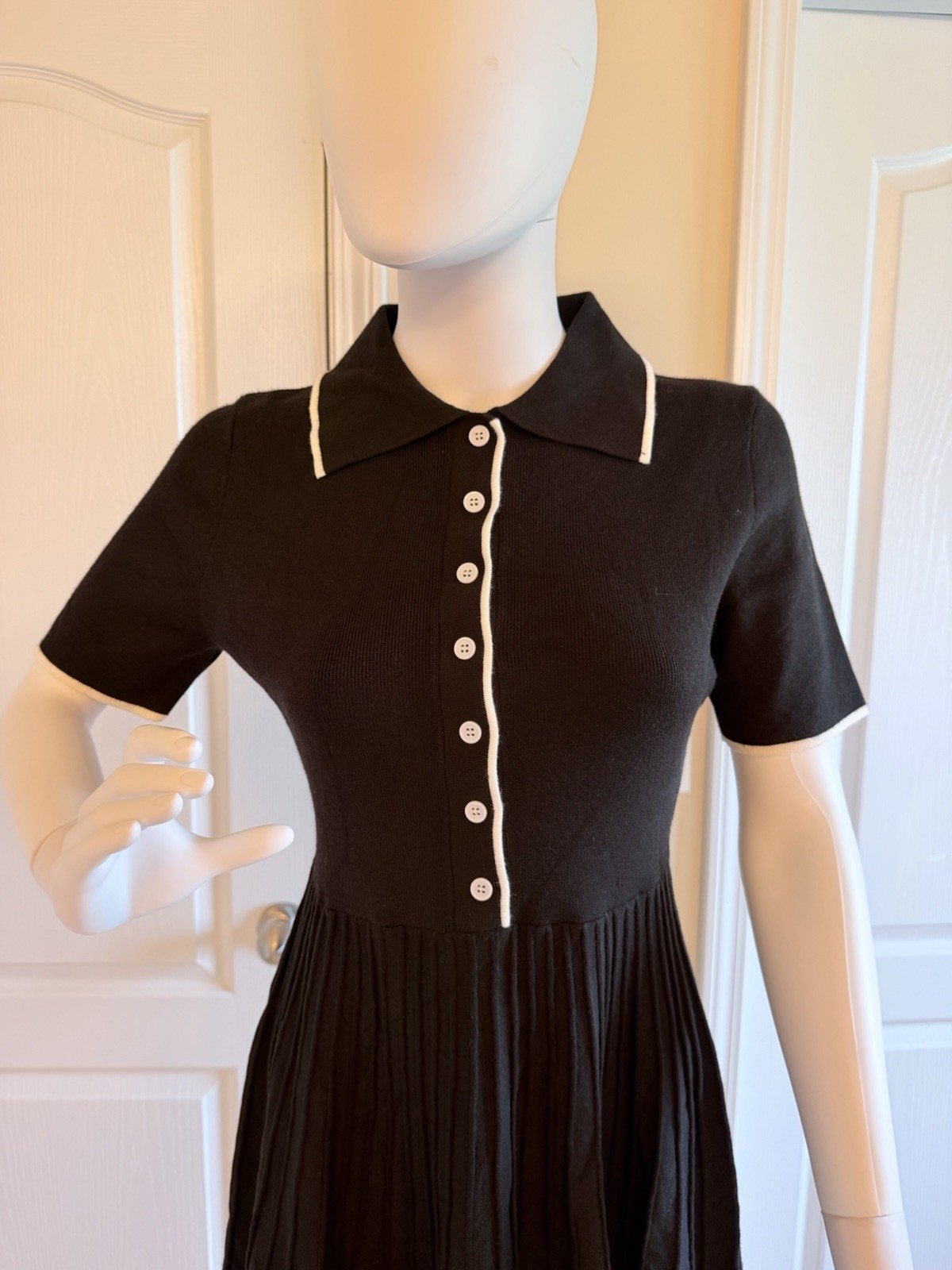 NEW Polo-Collar Short Sleeve Pleated Summer Ribbed Knit Midi Dress Size S
