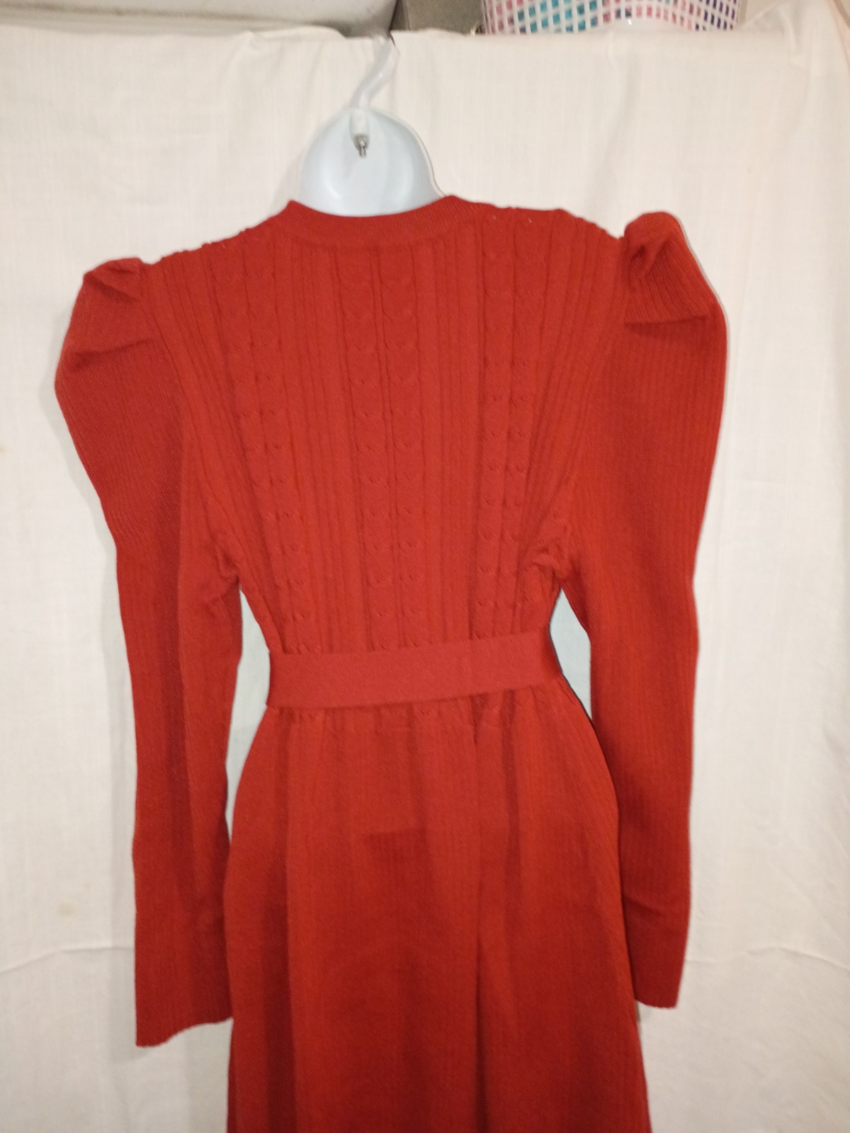 Women’s Red Solid Knit Sweater Dress Round Neck Puff Sleeve Belted Midi 3