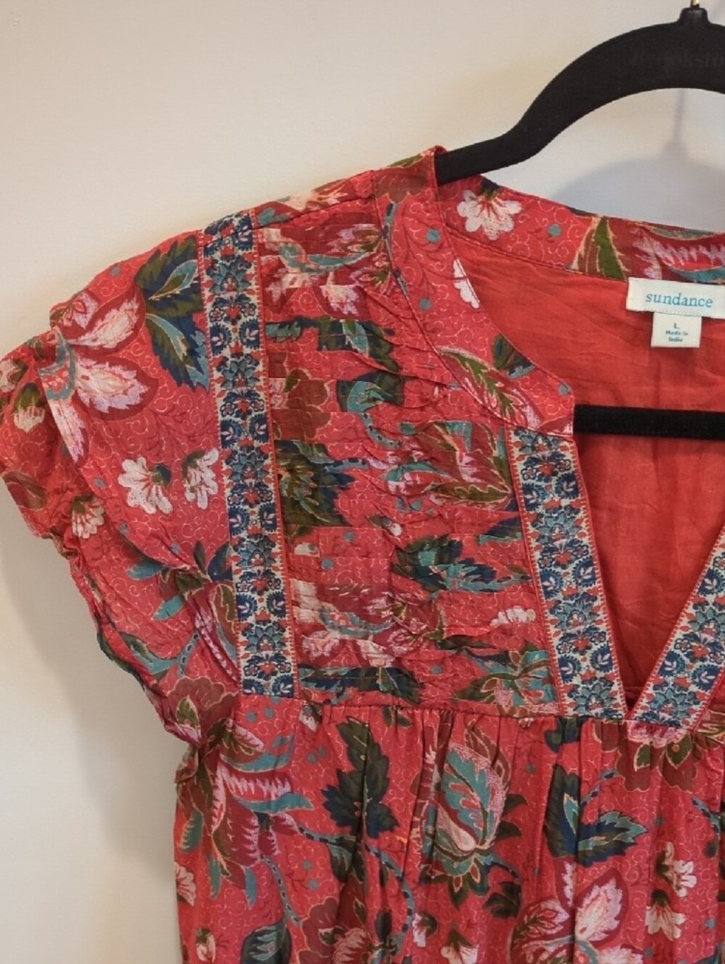 Western Boho Whimsy Cottage Sundance Red Blue Floral Maxi Dress Size Large EUC